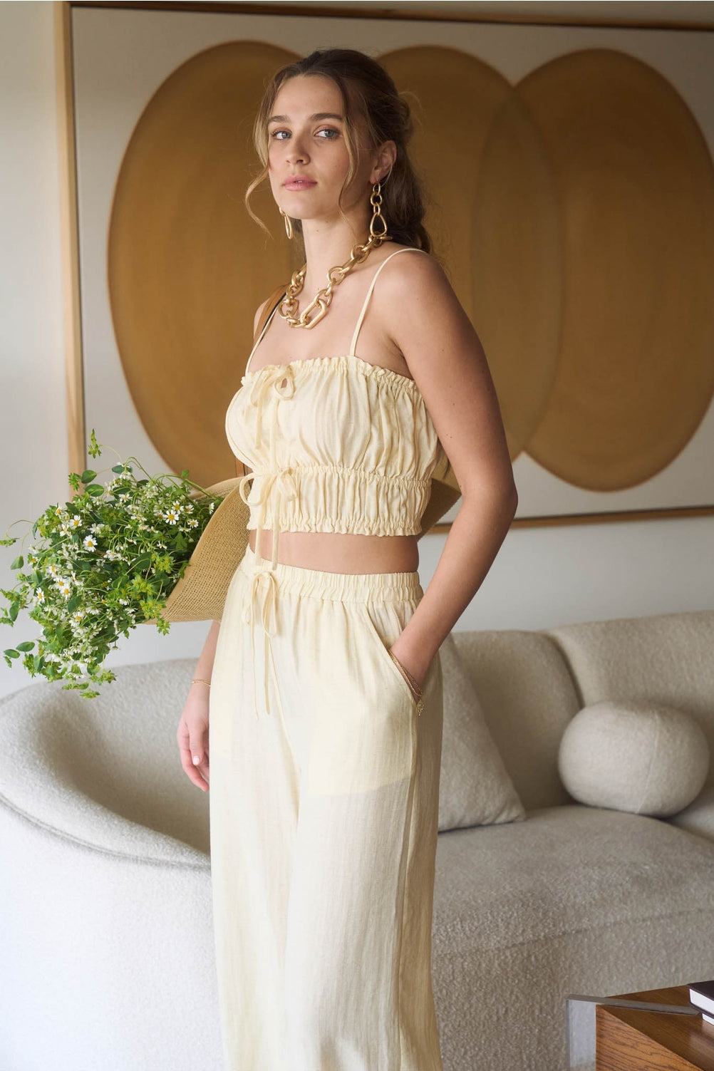 Light Yellow Linen Top & Pants Set