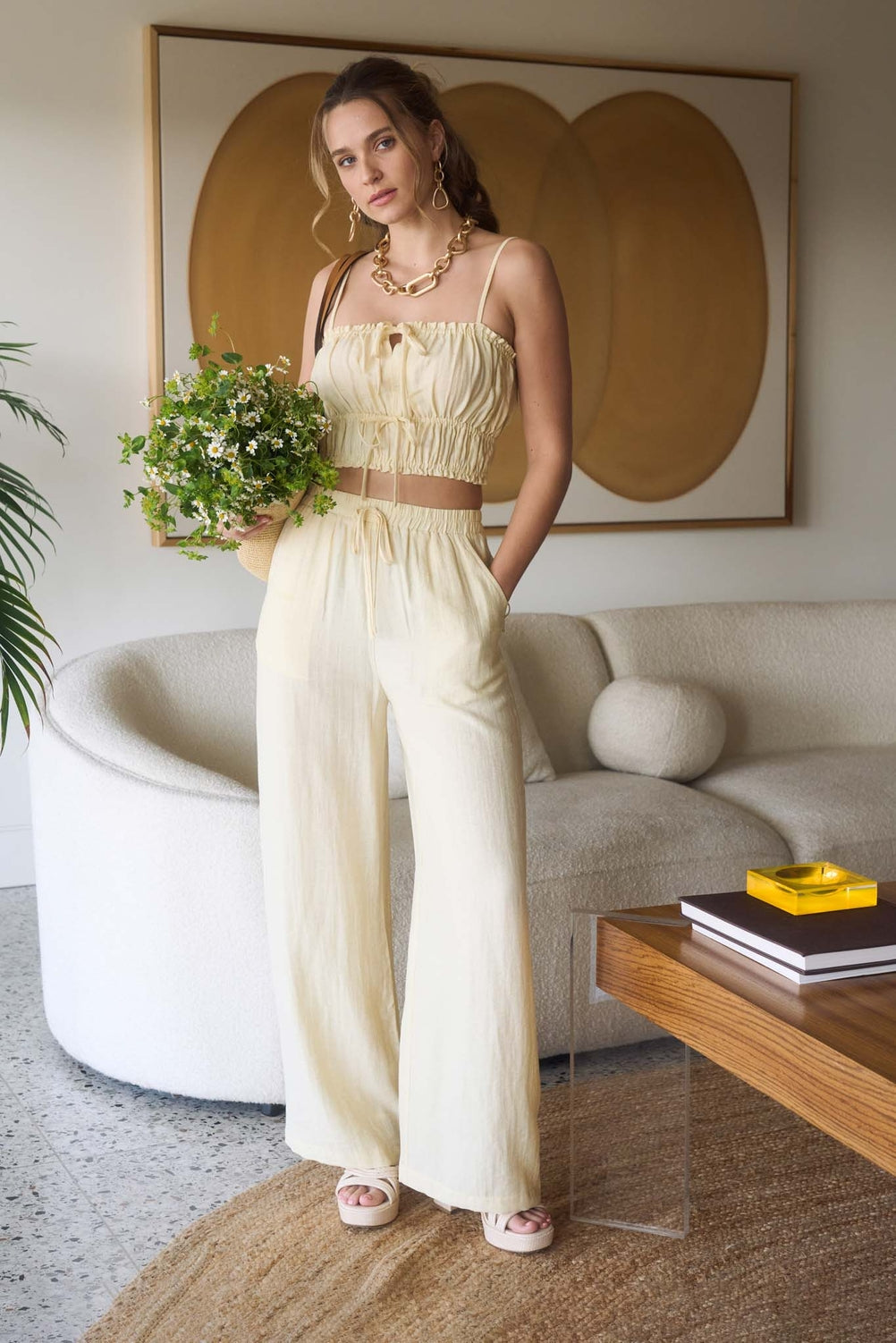 Light Yellow Linen Top & Pants Set