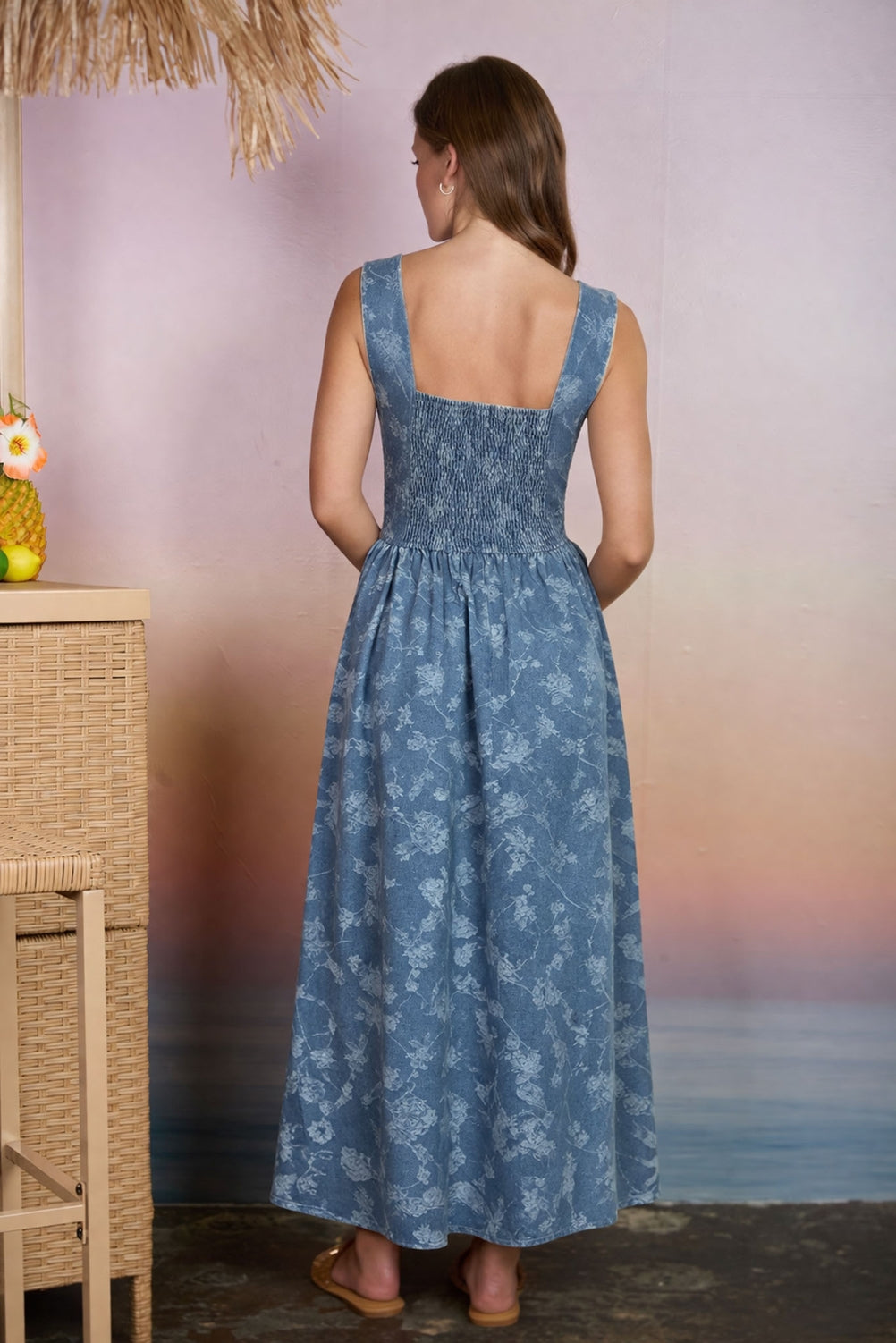 Floral Jacquard Denim Midi Dress
