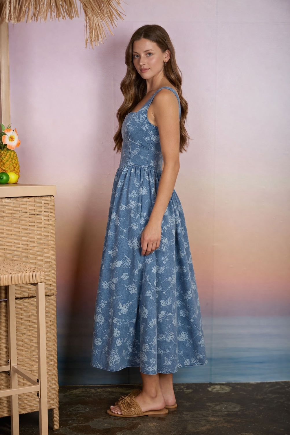 Floral Jacquard Denim Midi Dress