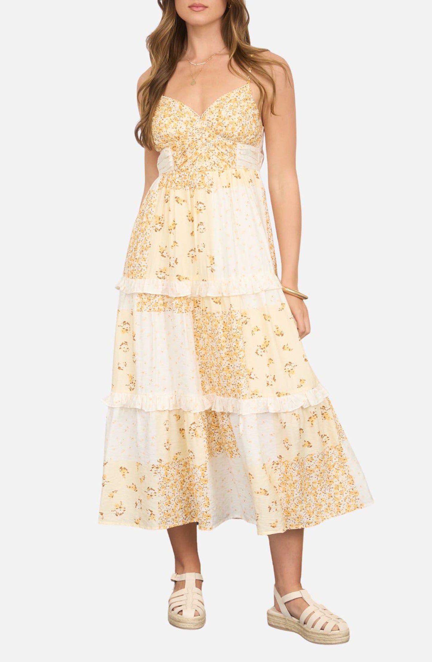 Yellow Floral Patch Print Midi Dress