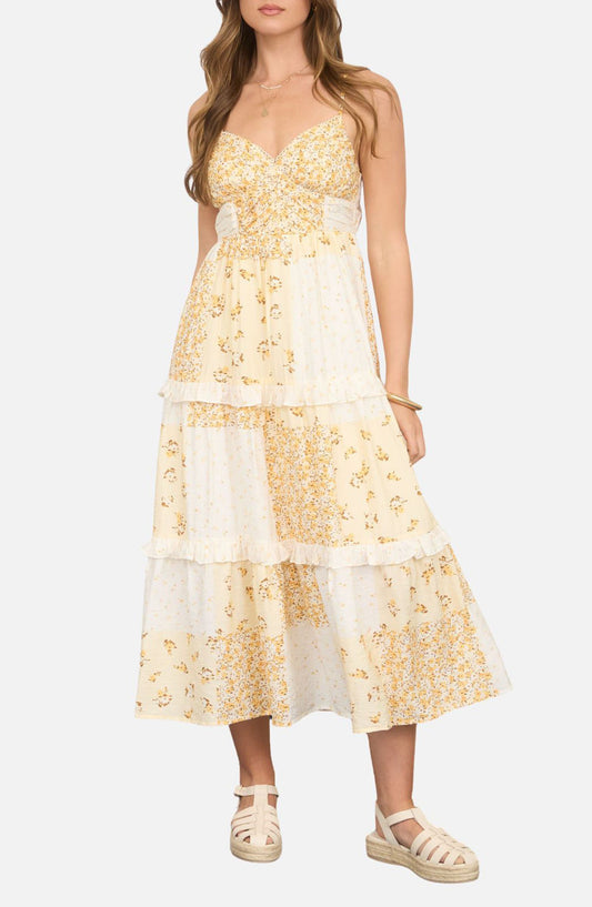 Yellow Floral Patch Print Midi Dress