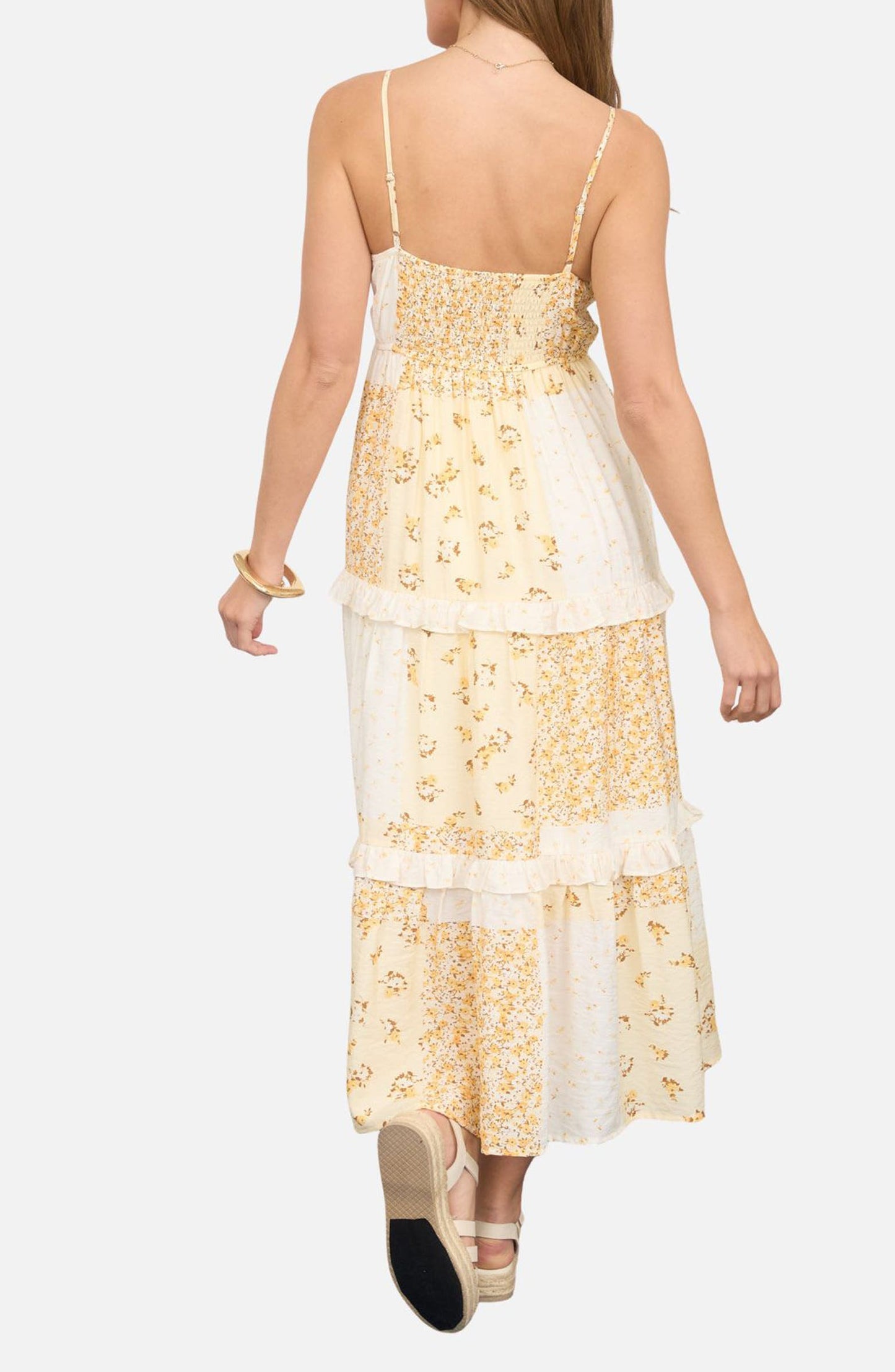 Yellow Floral Patch Print Midi Dress