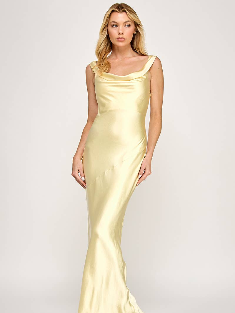 Formal Yellow Satin Drape Dress