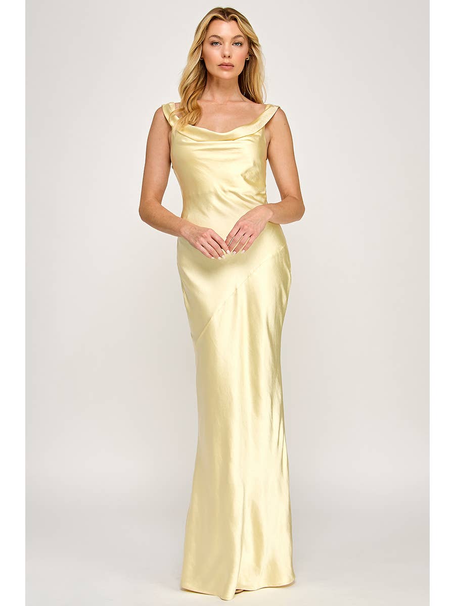 Formal Yellow Satin Drape Dress