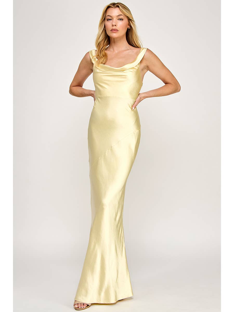 Formal Yellow Satin Drape Dress