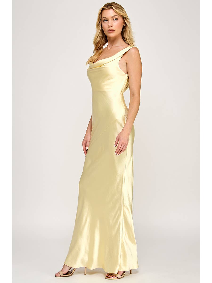 Formal Yellow Satin Drape Dress