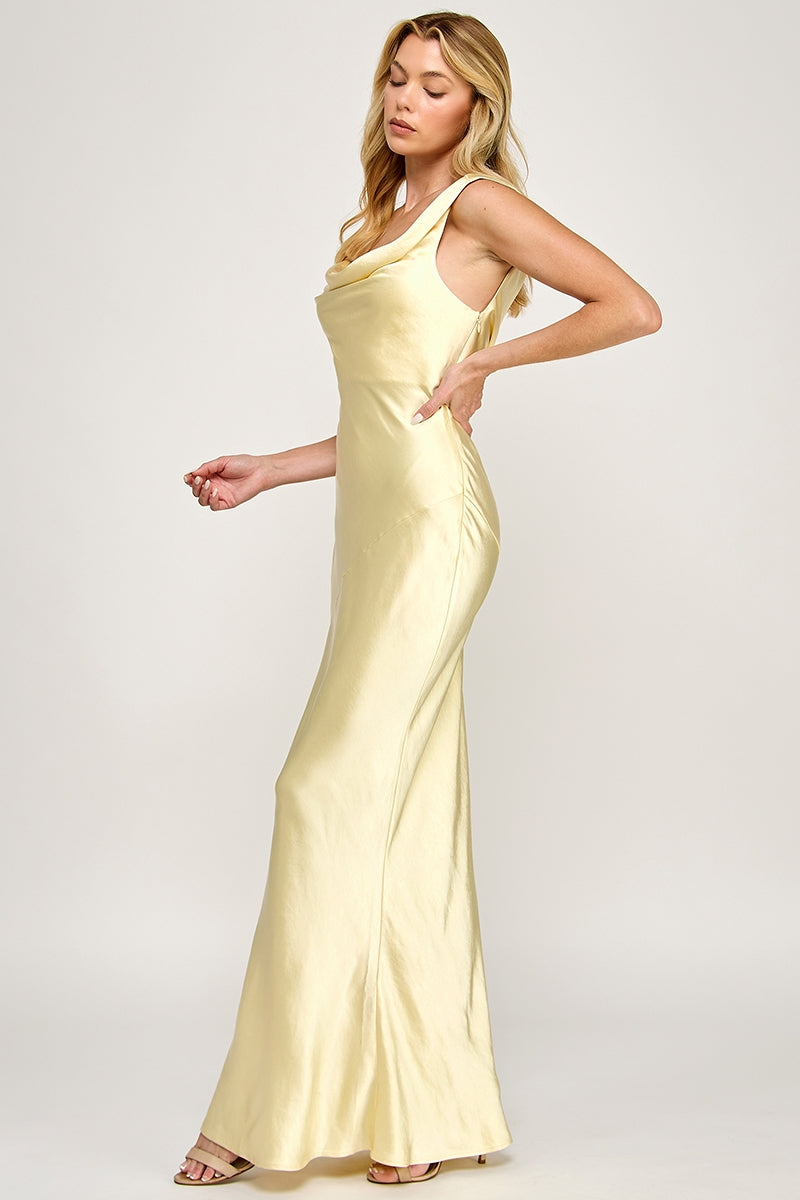 Formal Yellow Satin Drape Dress