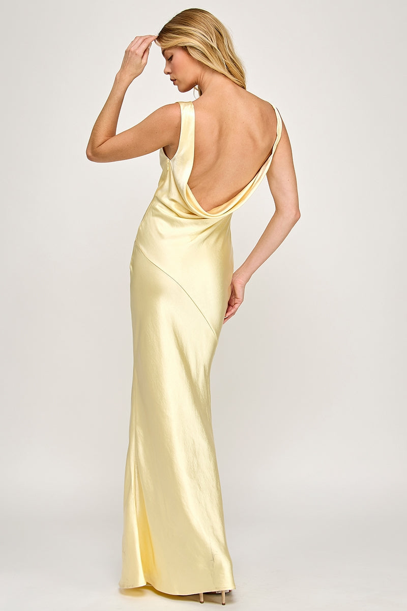 Formal Yellow Satin Drape Dress