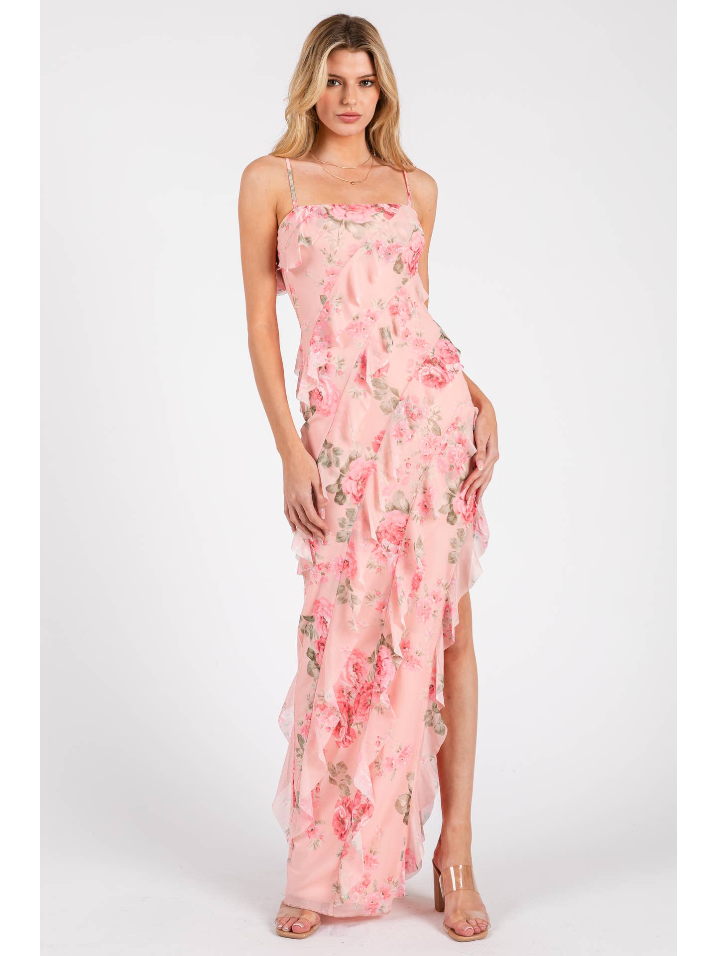 Formal Pink Floral Ruffle Dress