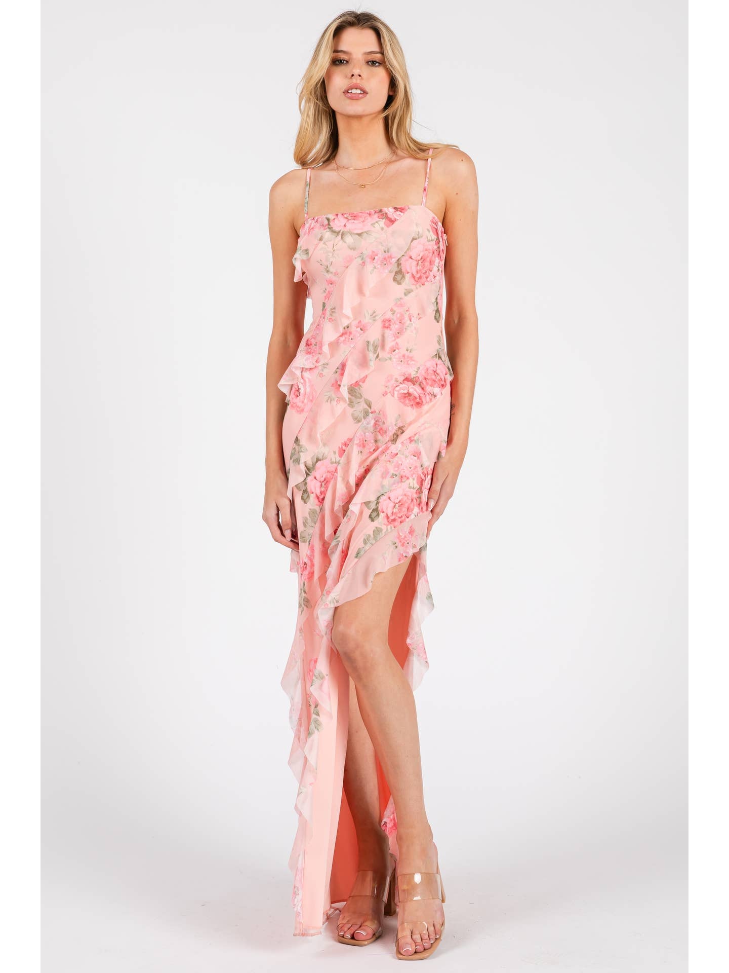 Formal Pink Floral Ruffle Dress