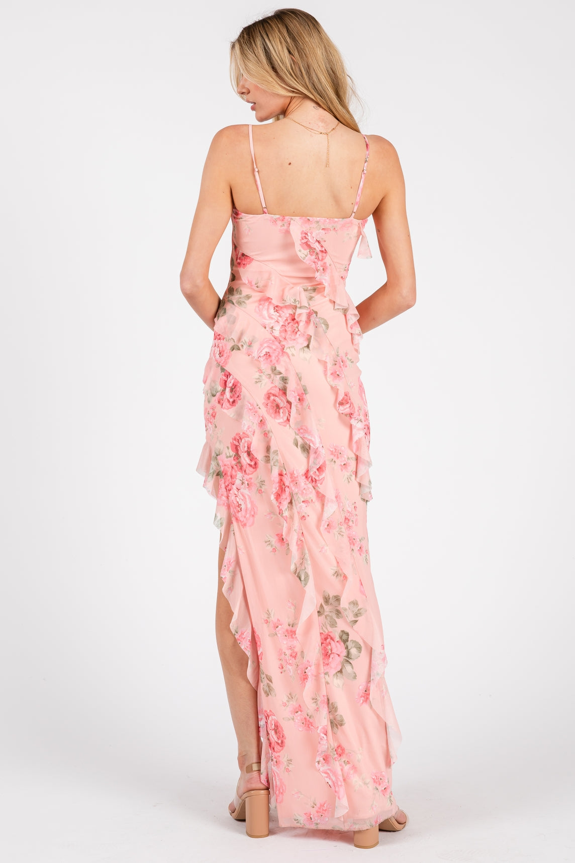 Formal Pink Floral Ruffle Dress