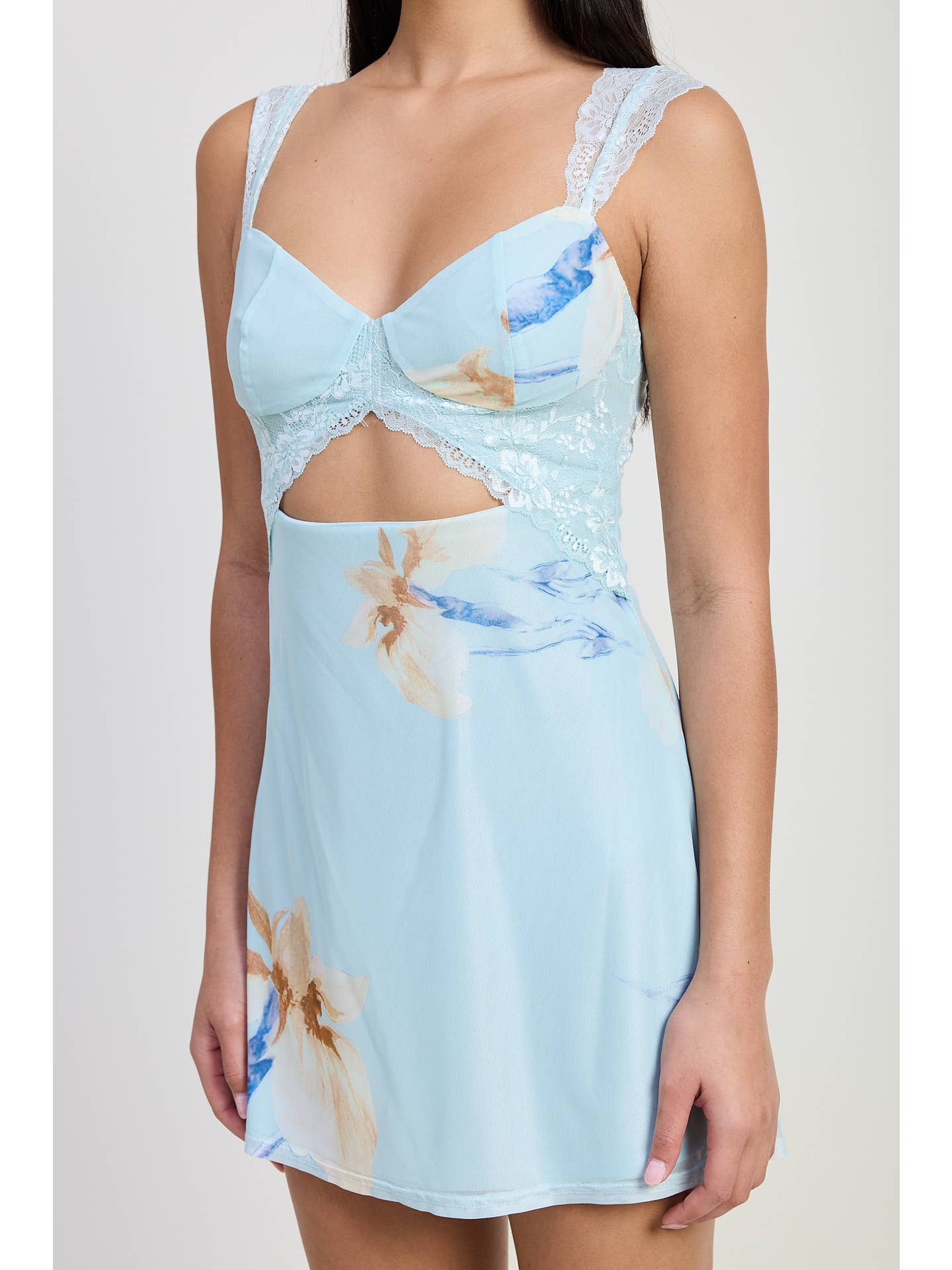 Lace Cutout Mini Blue Dress