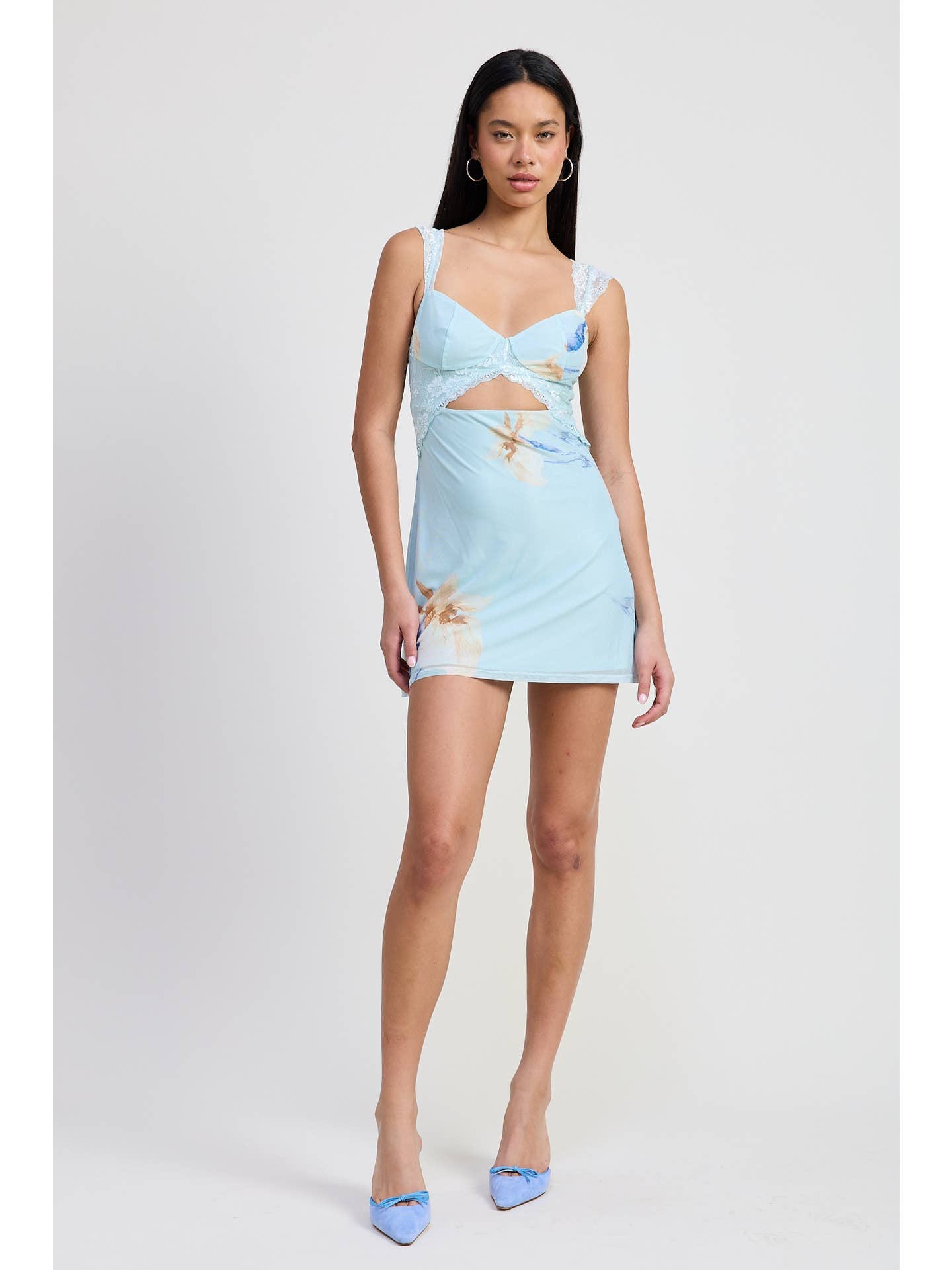 Lace Cutout Mini Blue Dress