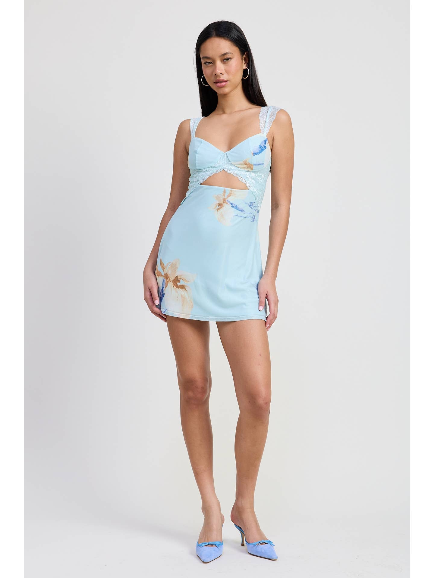 Lace Cutout Mini Blue Dress