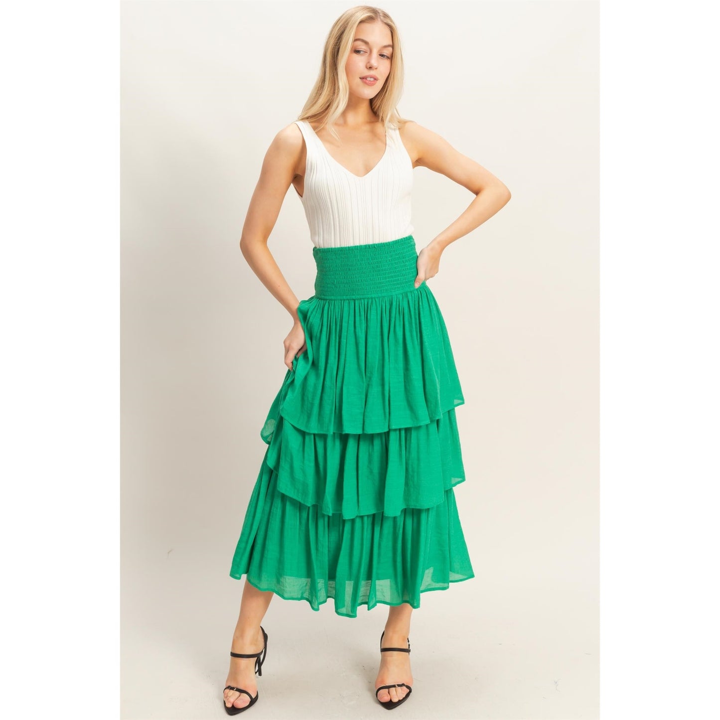 Tiered Smock Waist Maxi Skirt