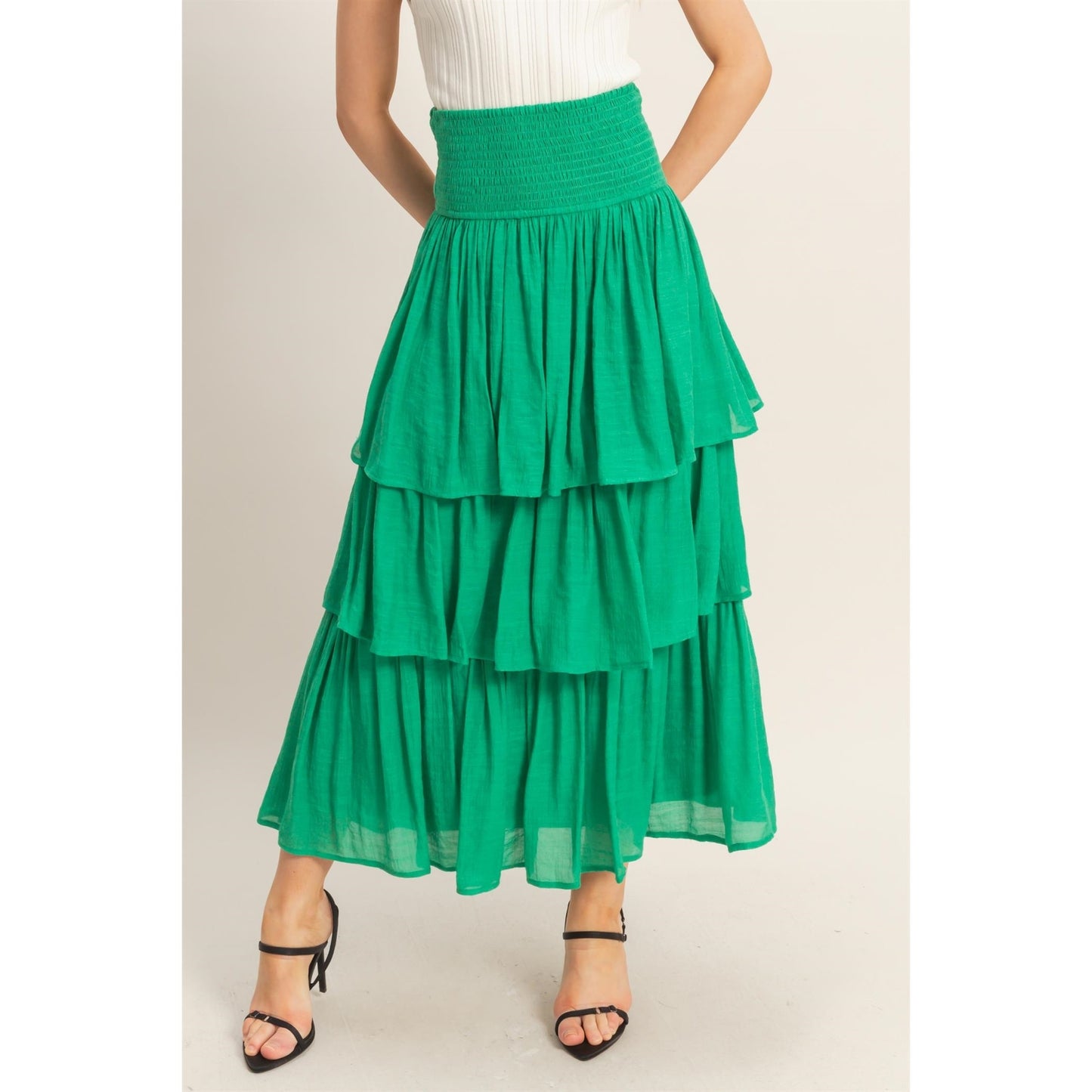Tiered Smock Waist Maxi Skirt