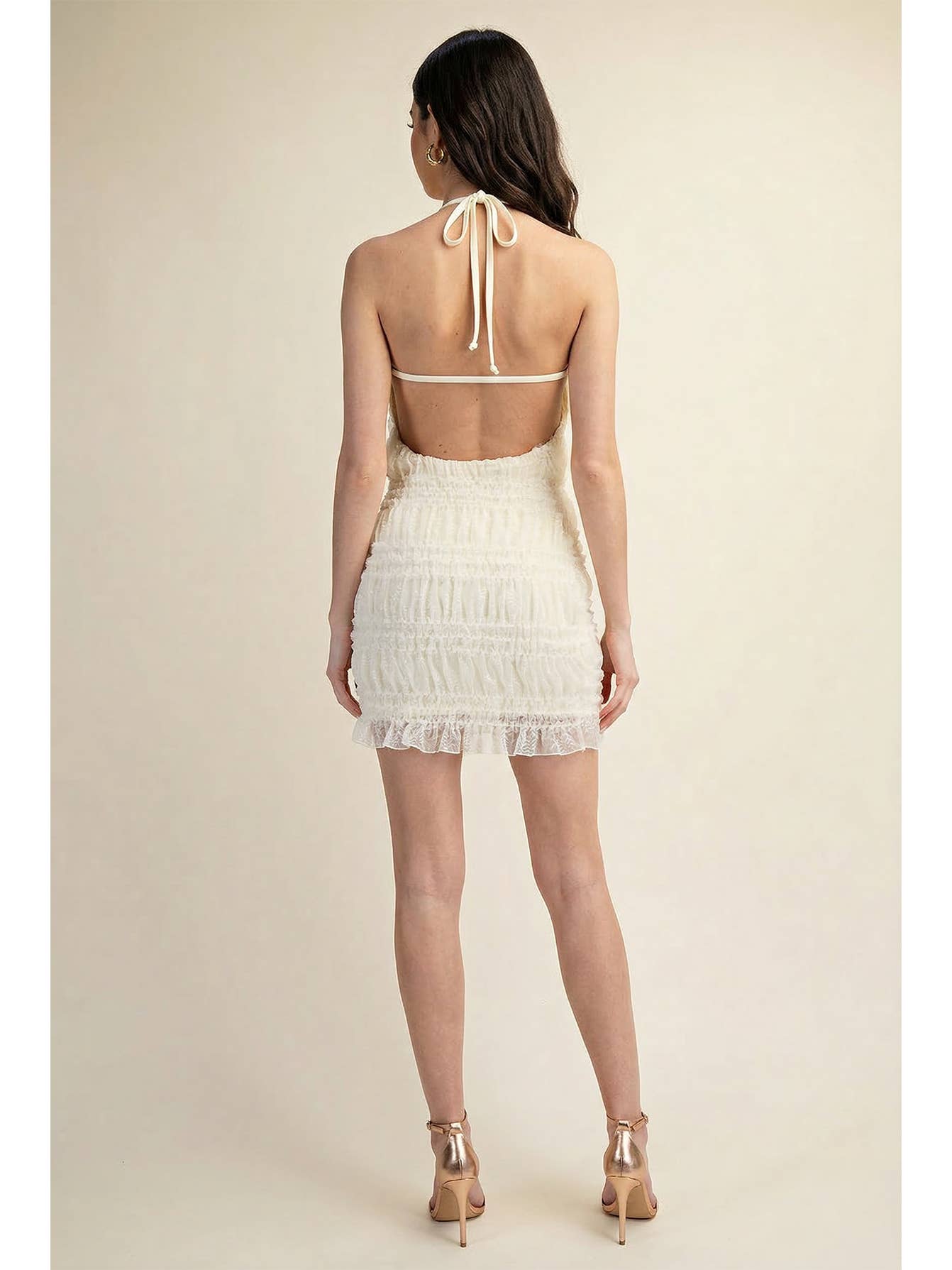 Ruched Halter Cream Mini Dress