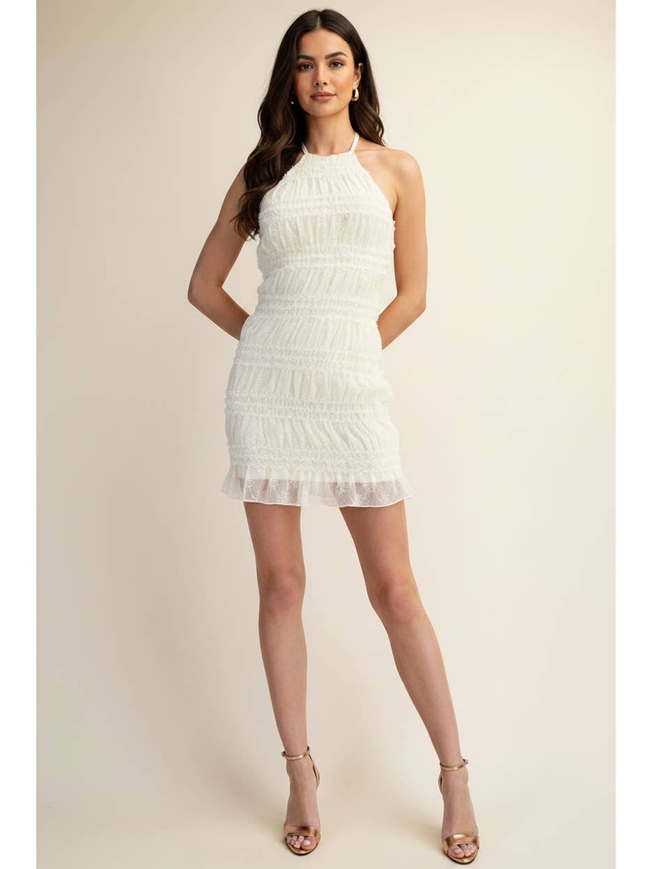 Ruched Halter Cream Mini Dress