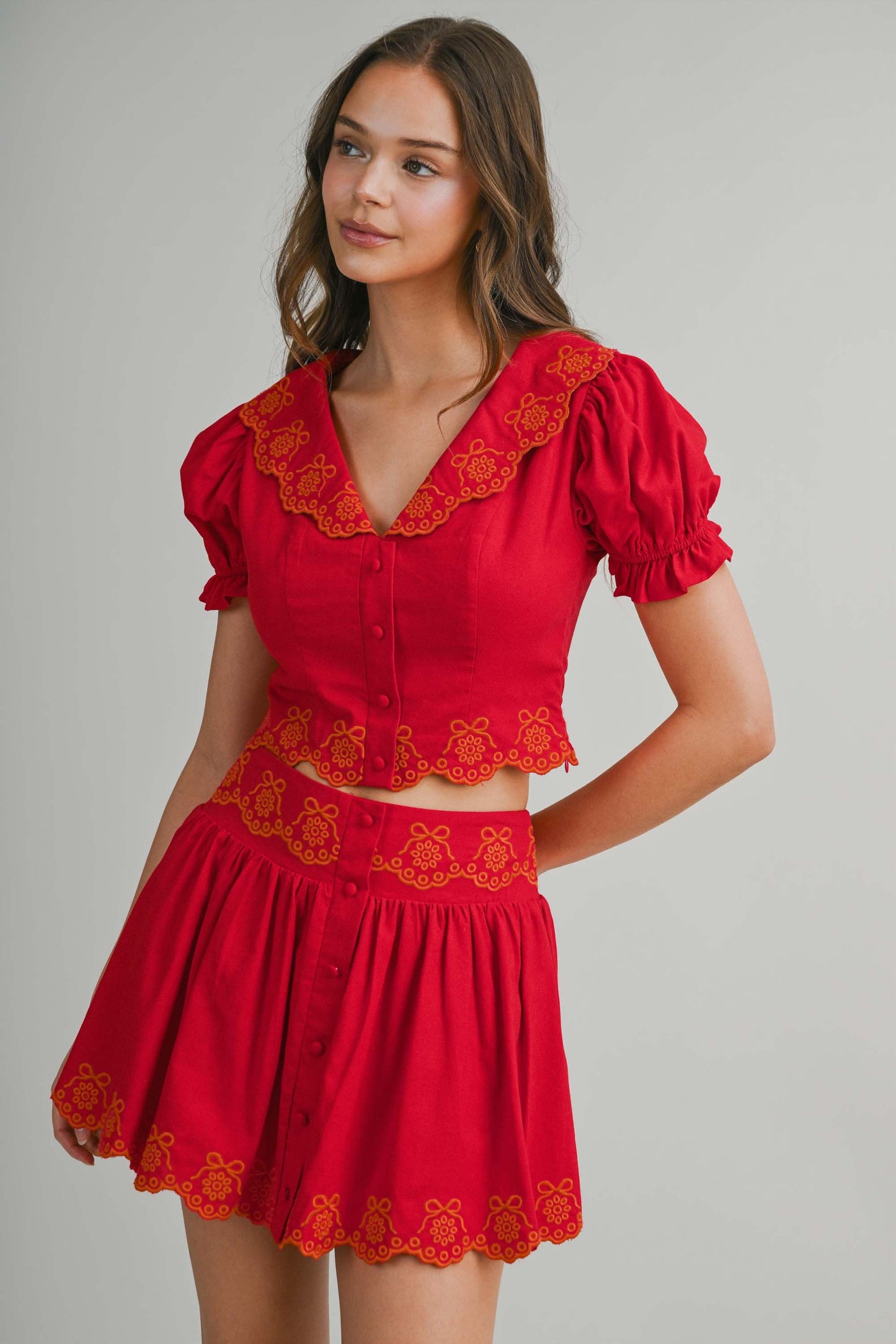 Scallop Embroider Collared Top & Skirt Set