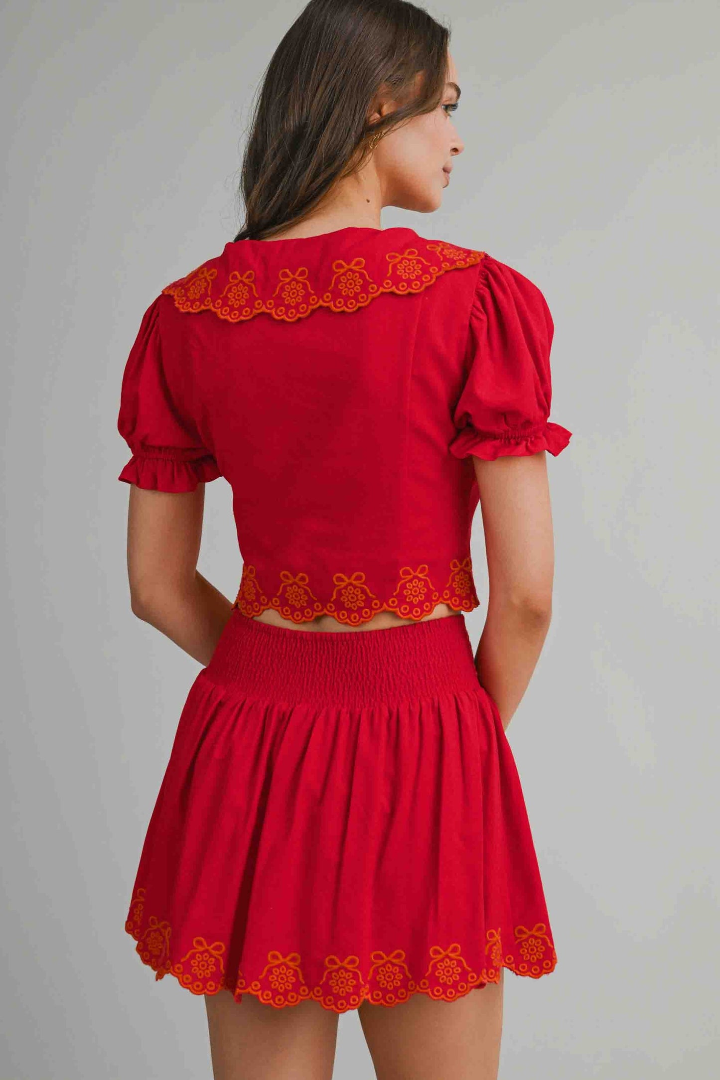 Scallop Embroider Collared Top & Skirt Set