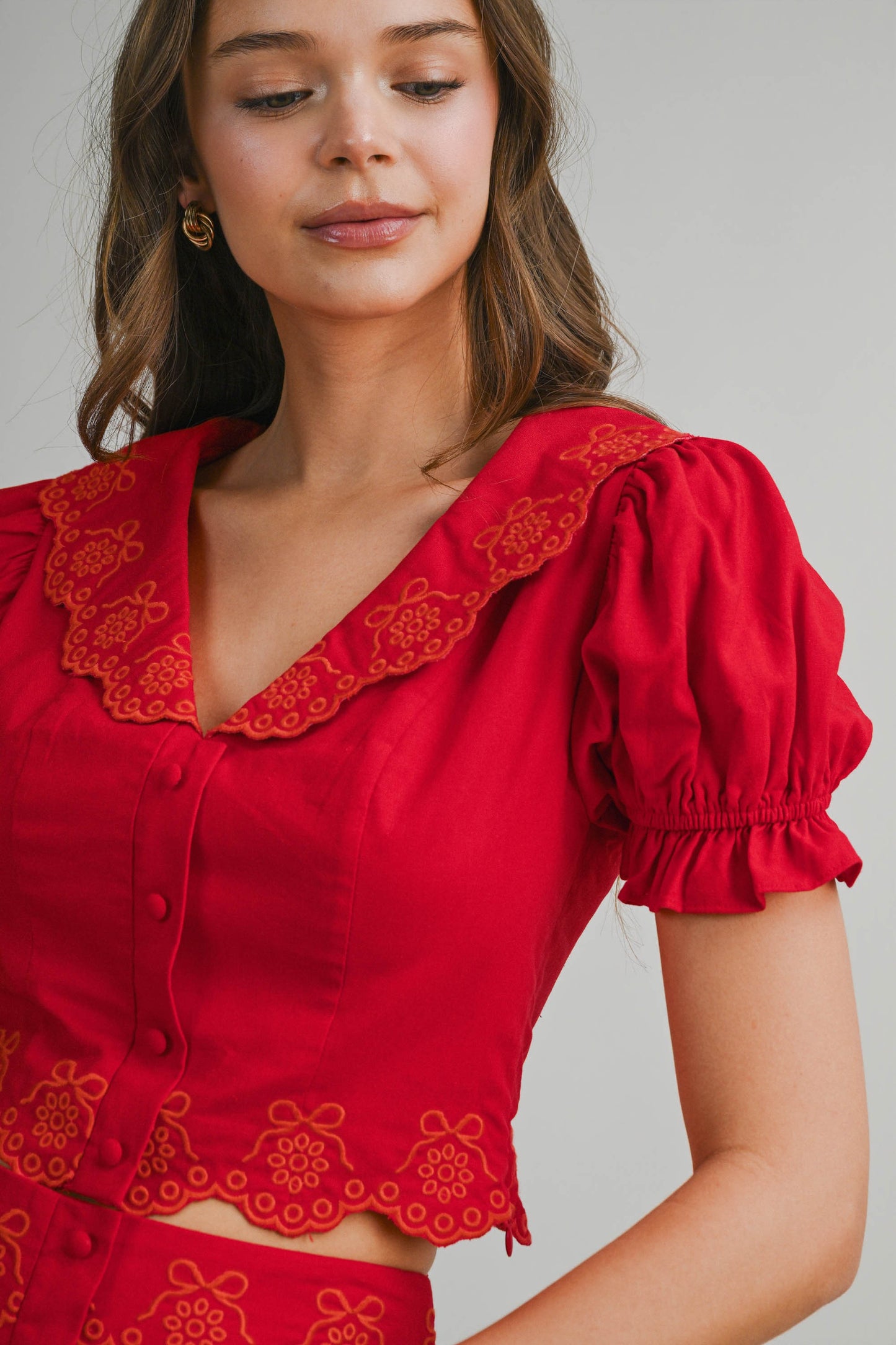 Scallop Embroider Collared Top & Skirt Set