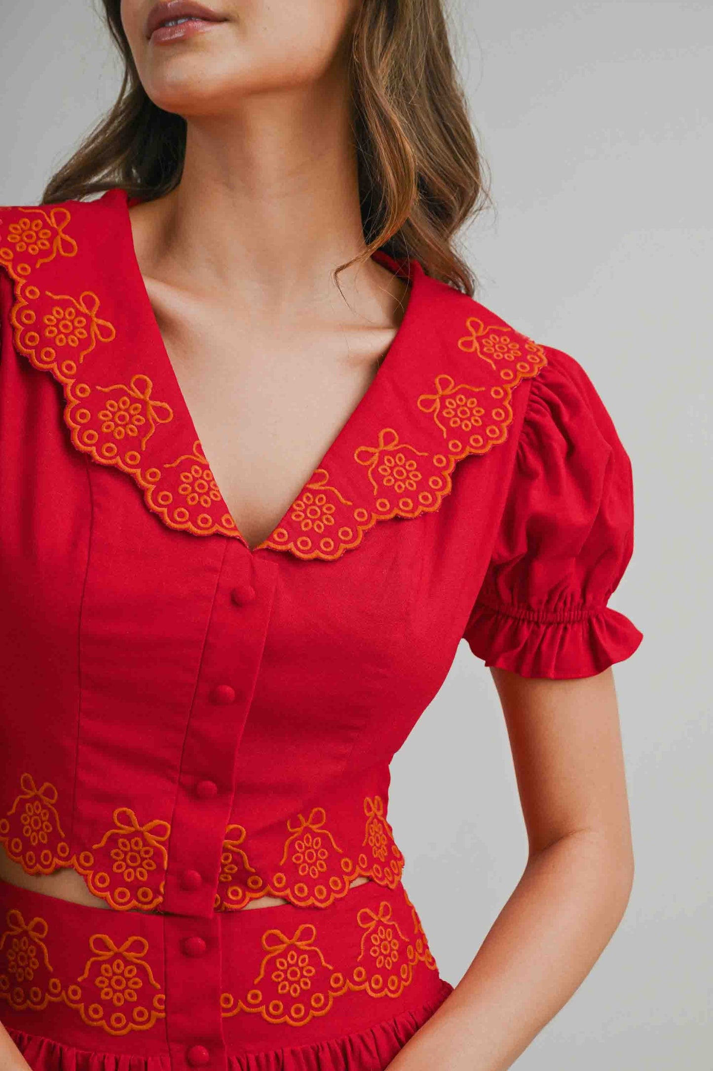 Scallop Embroider Collared Top & Skirt Set