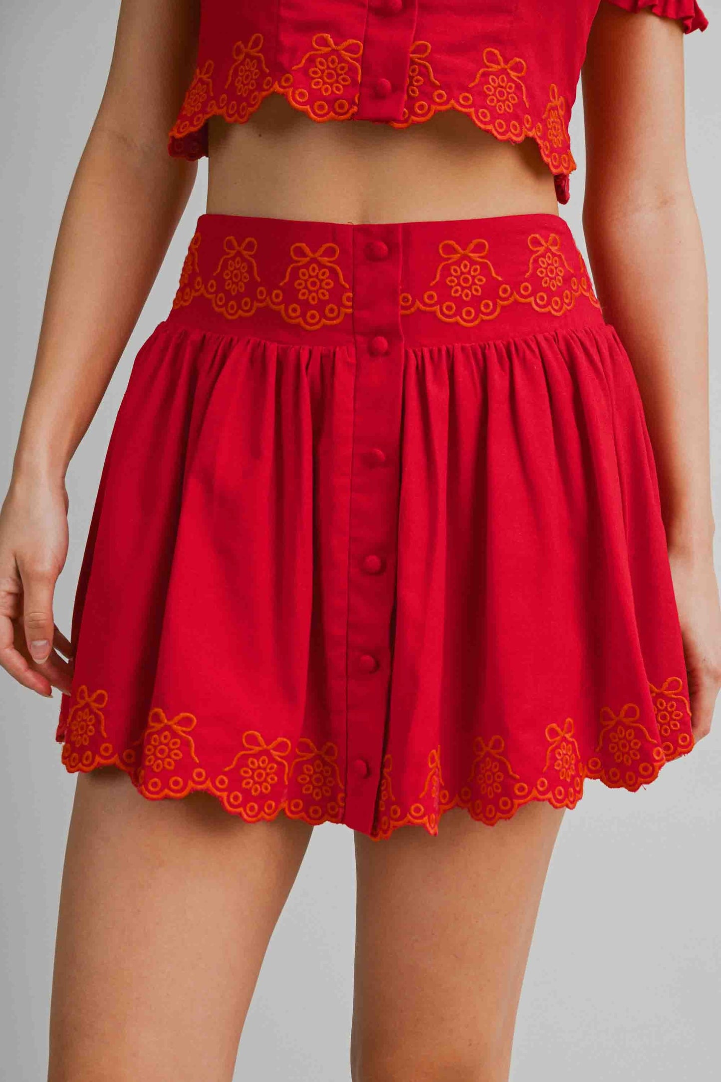 Scallop Embroider Collared Top & Skirt Set