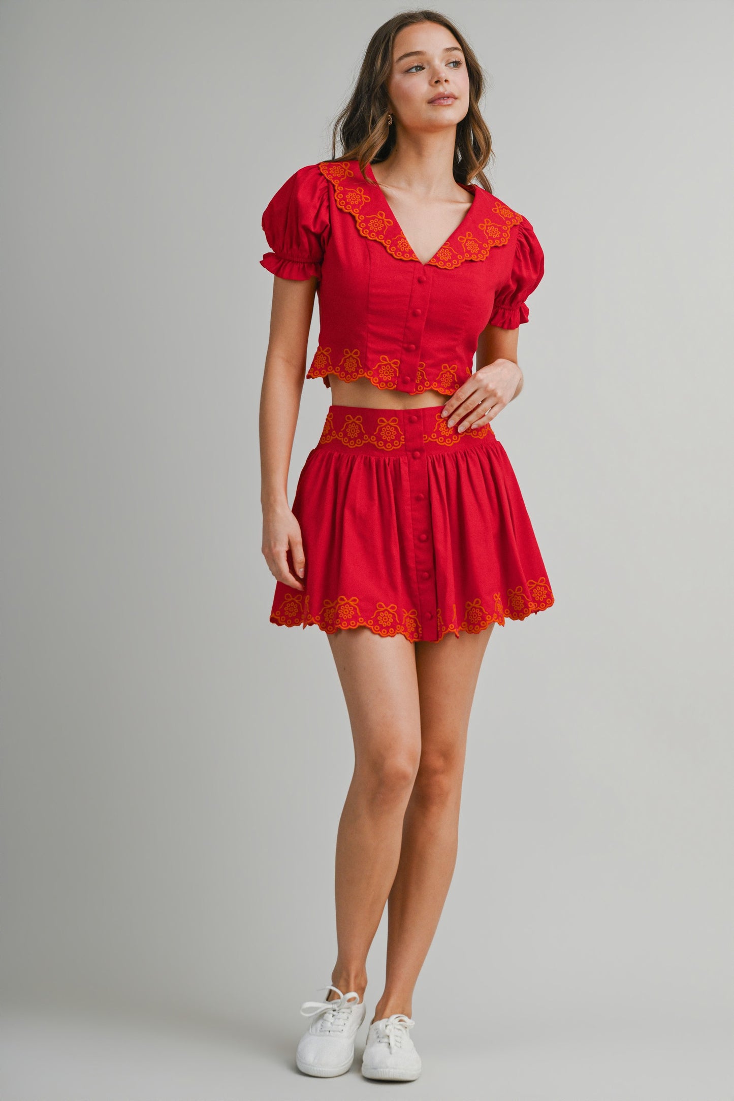Scallop Embroider Collared Top & Skirt Set