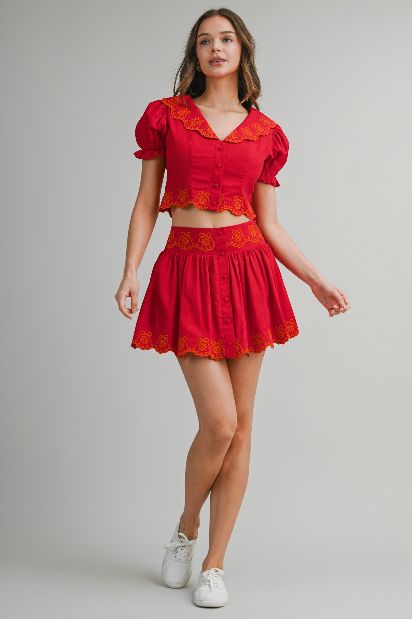 Scallop Embroider Collared Top & Skirt Set