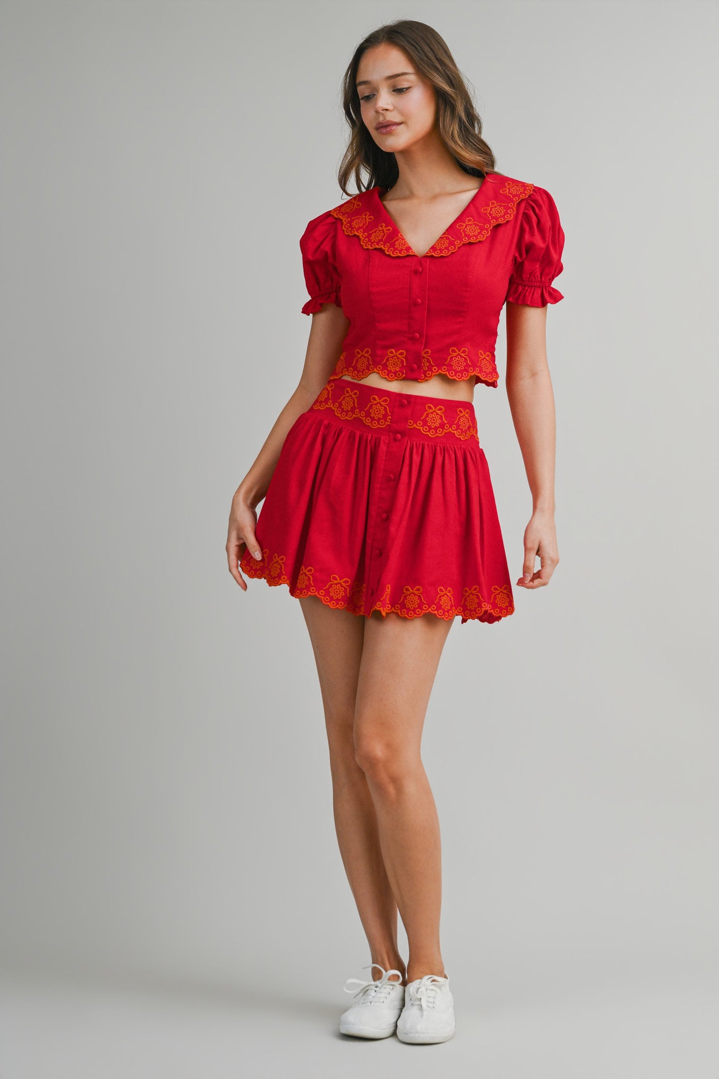 Scallop Embroider Collared Top & Skirt Set