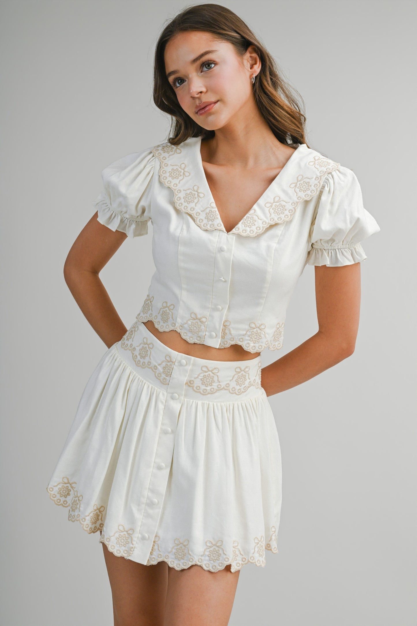 Scallop Embroider Collared Top & Skirt Set