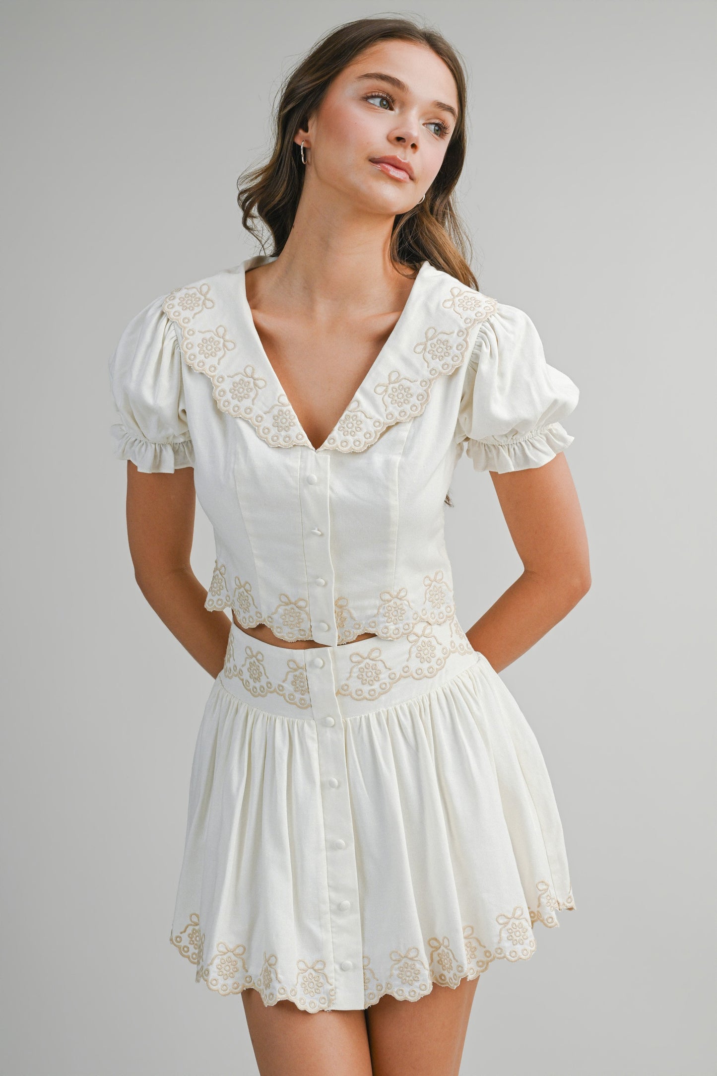 Scallop Embroider Collared Top & Skirt Set