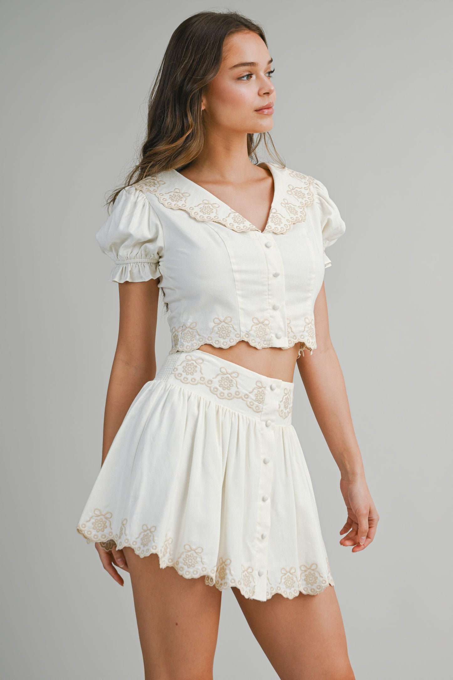 Scallop Embroider Collared Top & Skirt Set