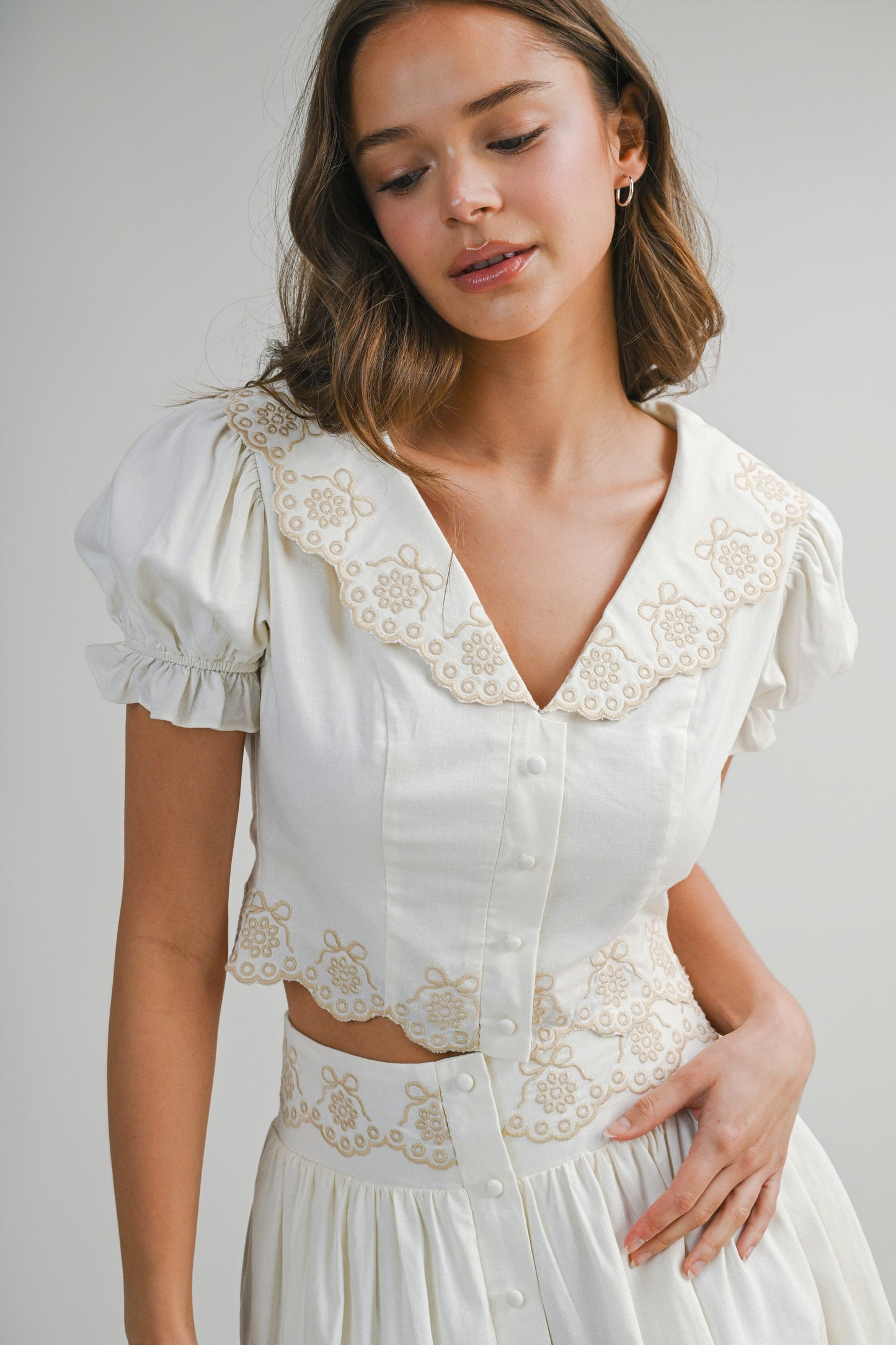 Scallop Embroider Collared Top & Skirt Set