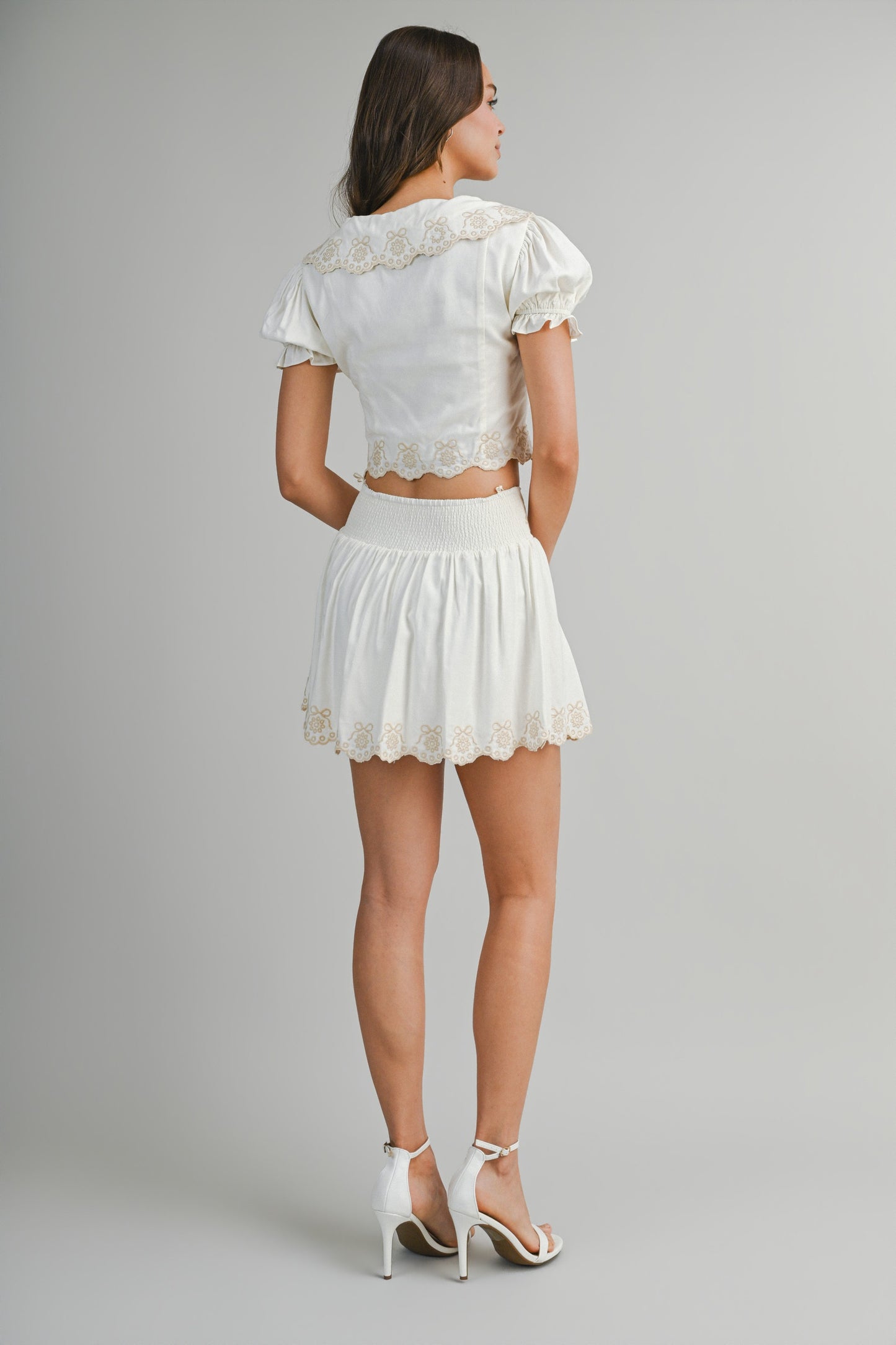 Scallop Embroider Collared Top & Skirt Set