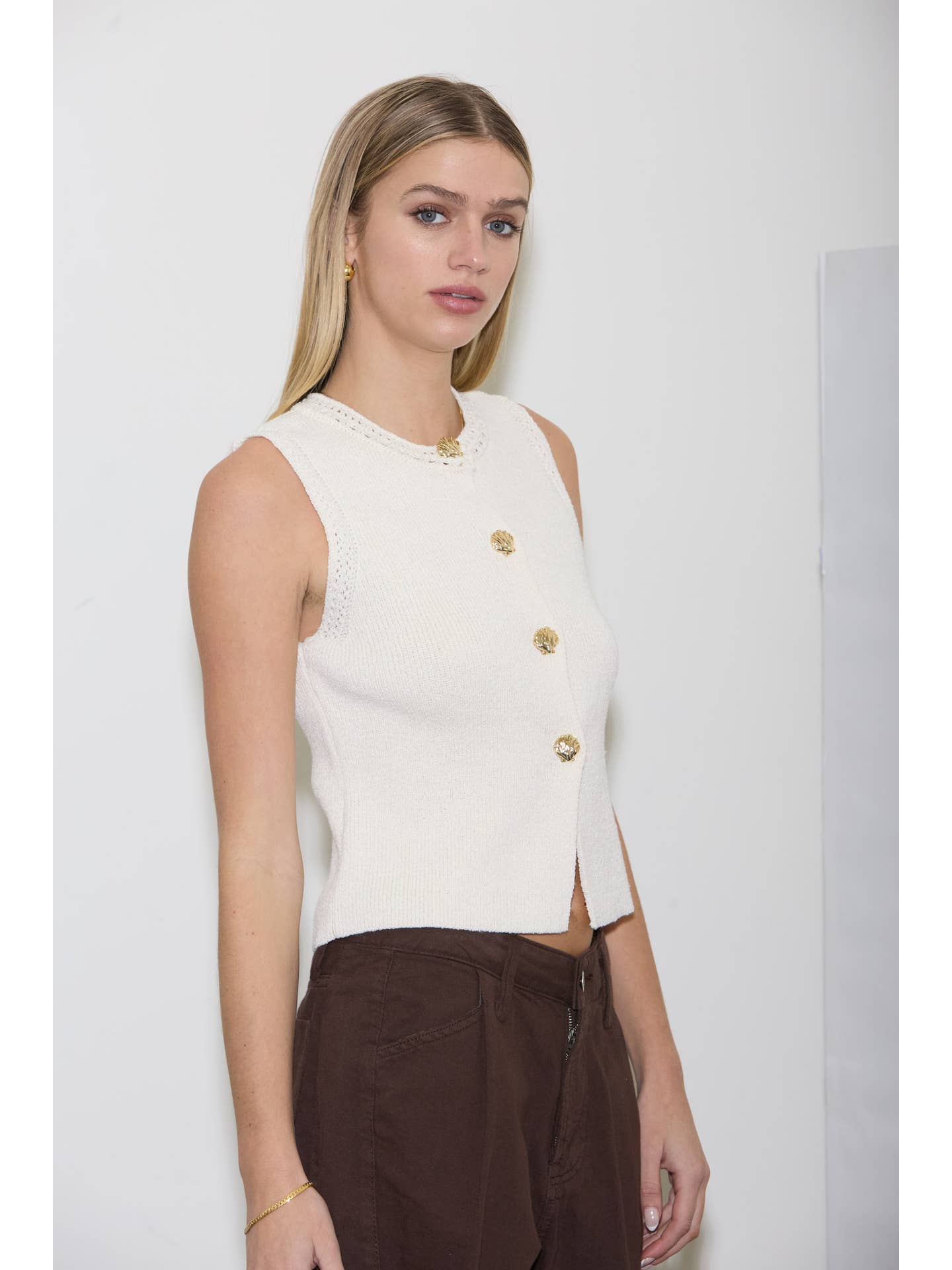Ivory Knit Seashell Button Top