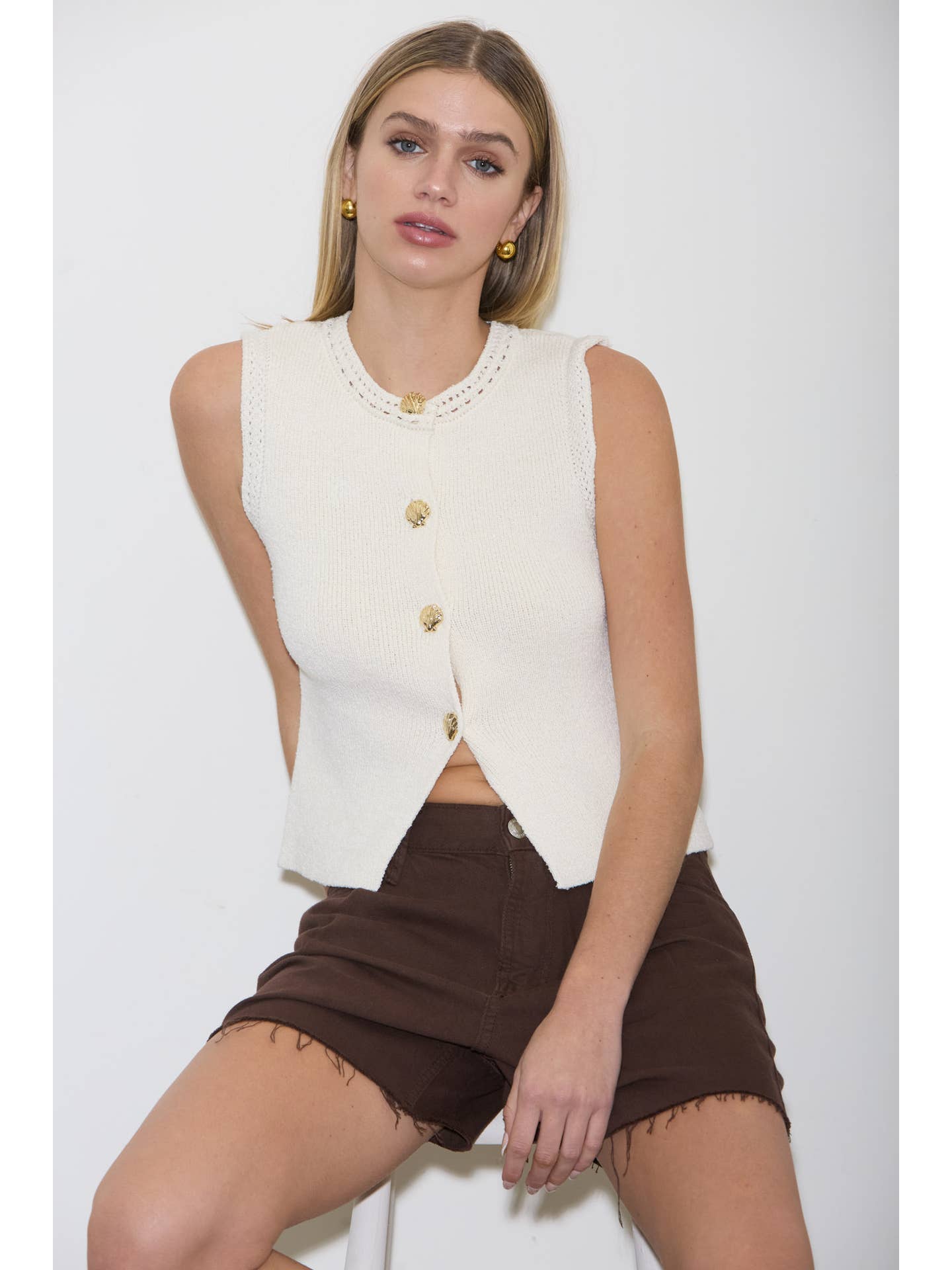 Ivory Knit Seashell Button Top