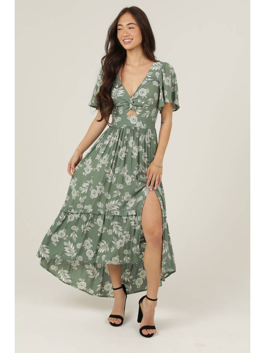 Twist Front Cut Out Maxi Slit Dress
