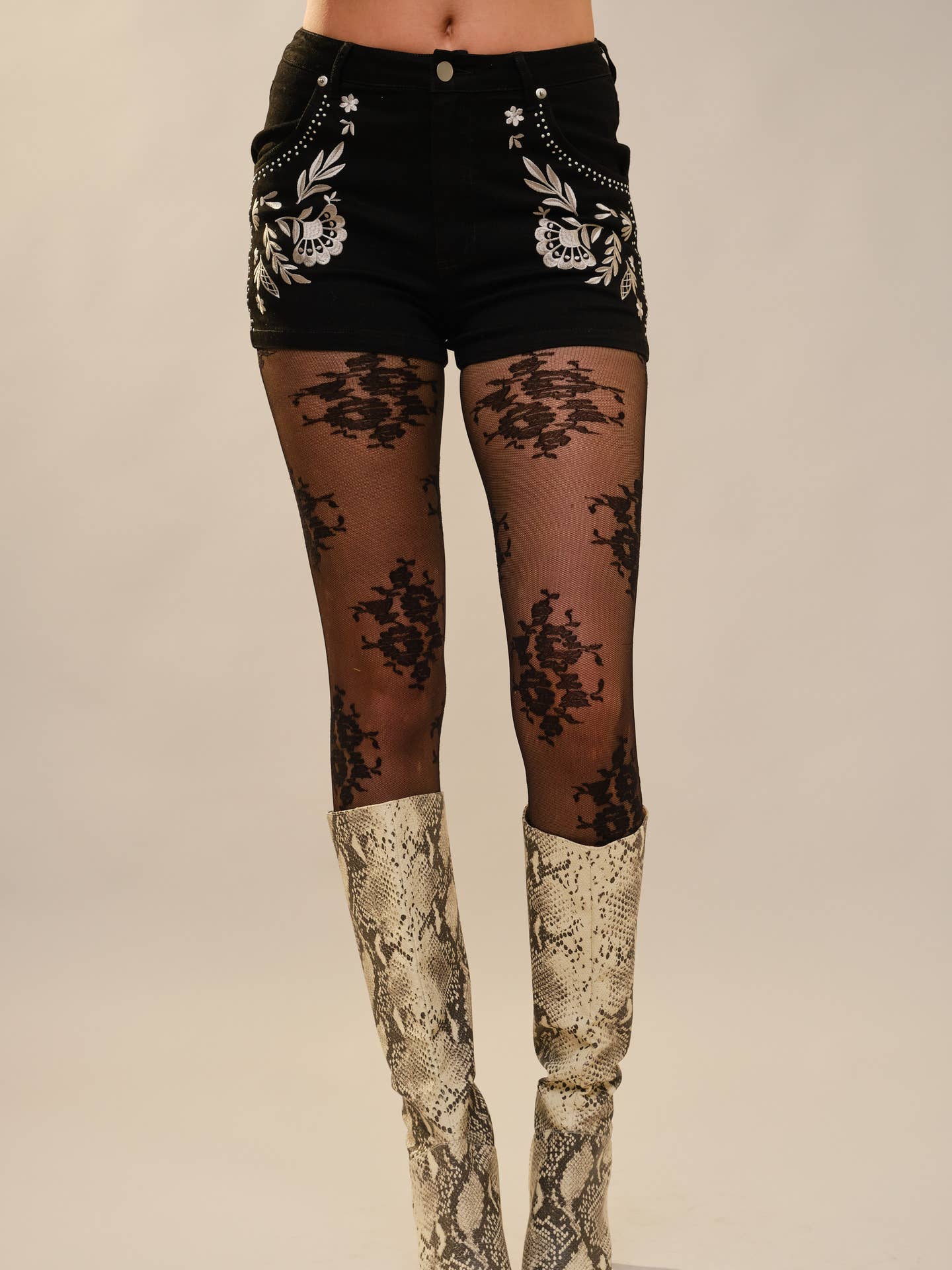 Black Embroidered Denim Shorts