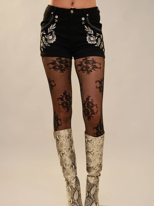 Black Embroidered Denim Shorts