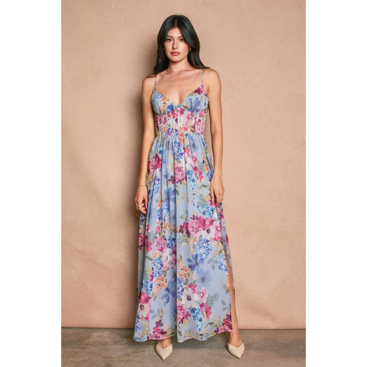 Blue Floral Corset Maxi Dress