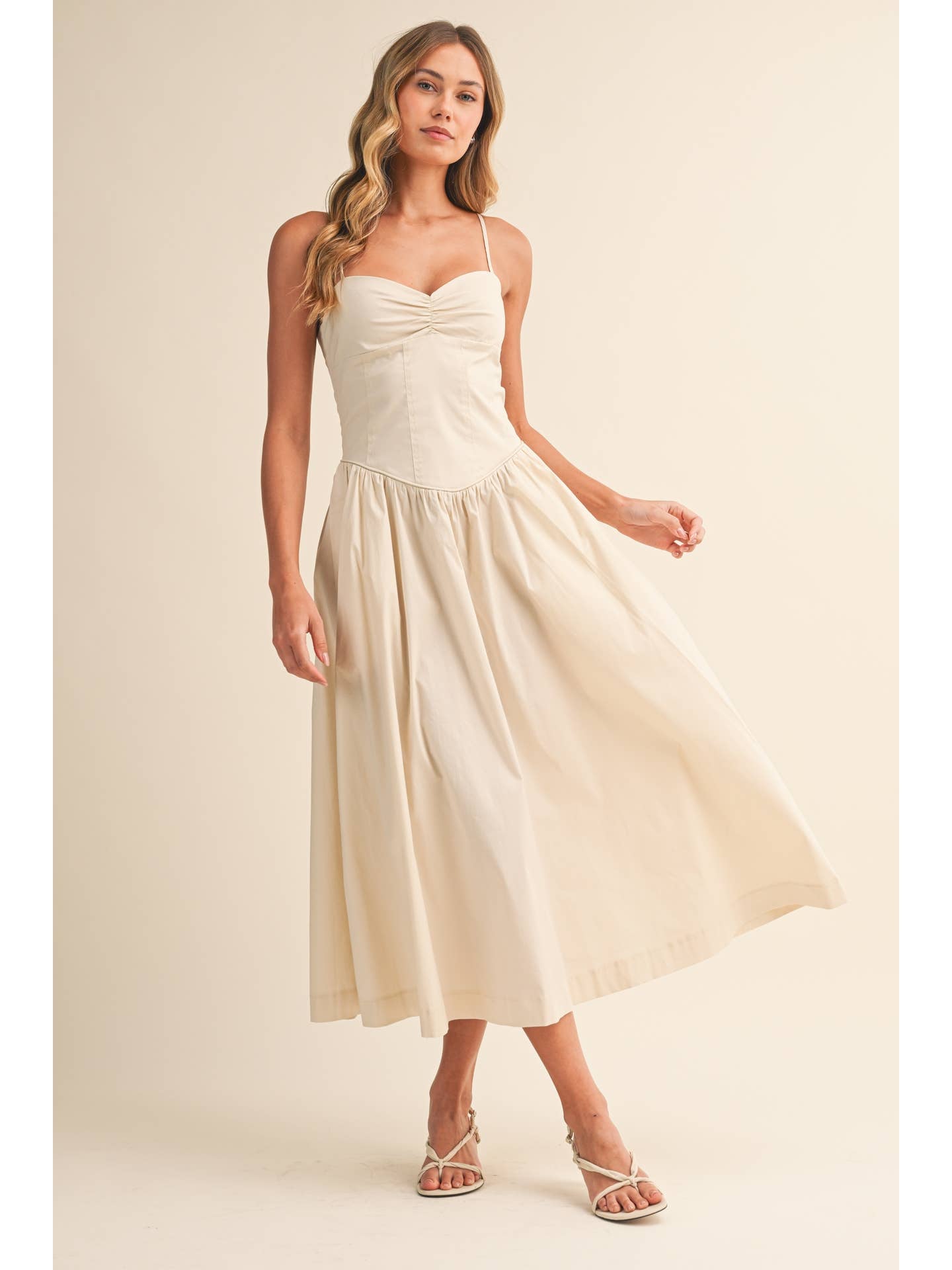 Poplin Beige Sweetheart Midi Dress