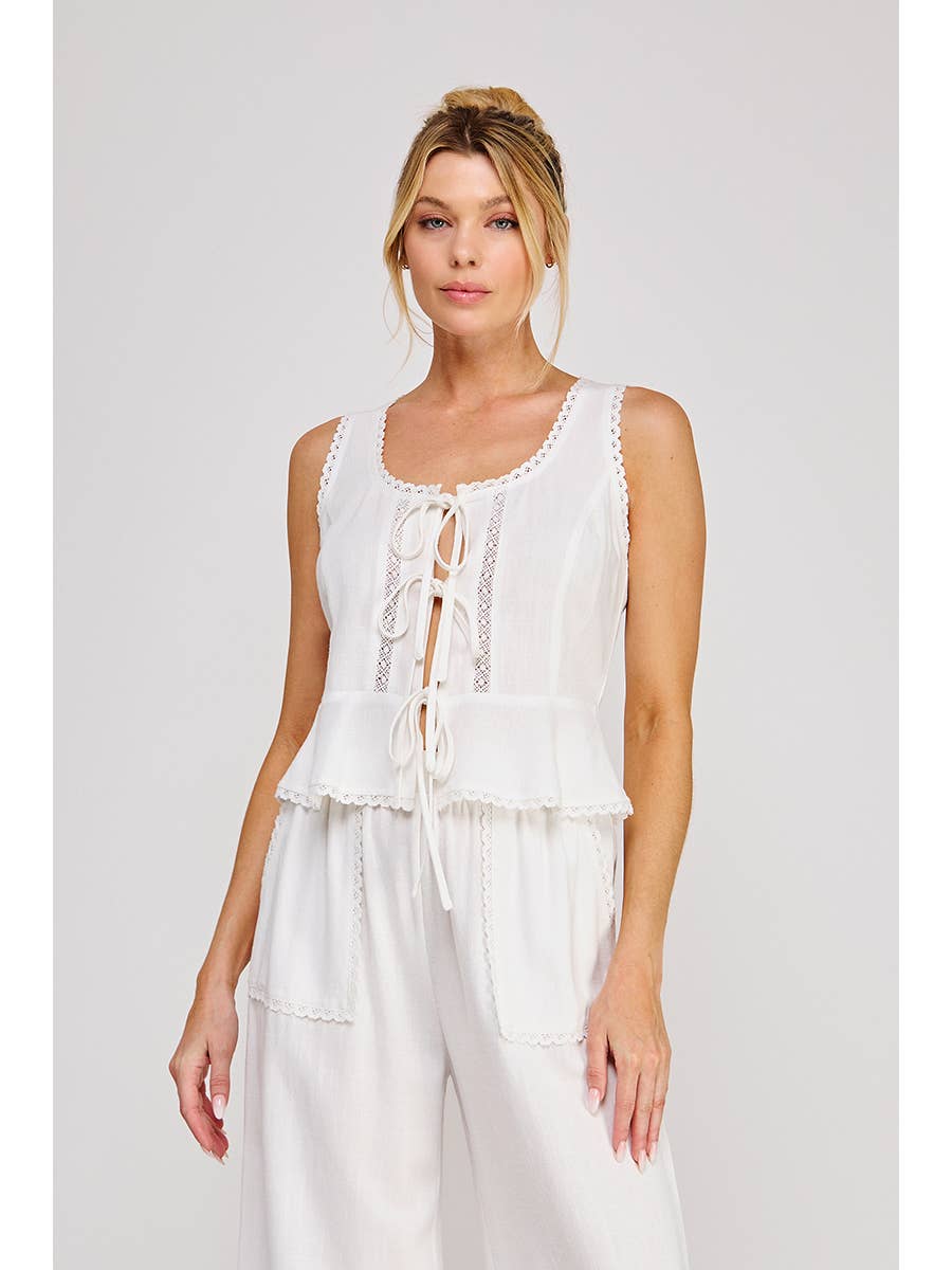 White Linen Blend Peplum Tank