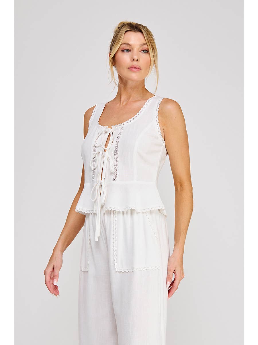 White Linen Blend Peplum Tank
