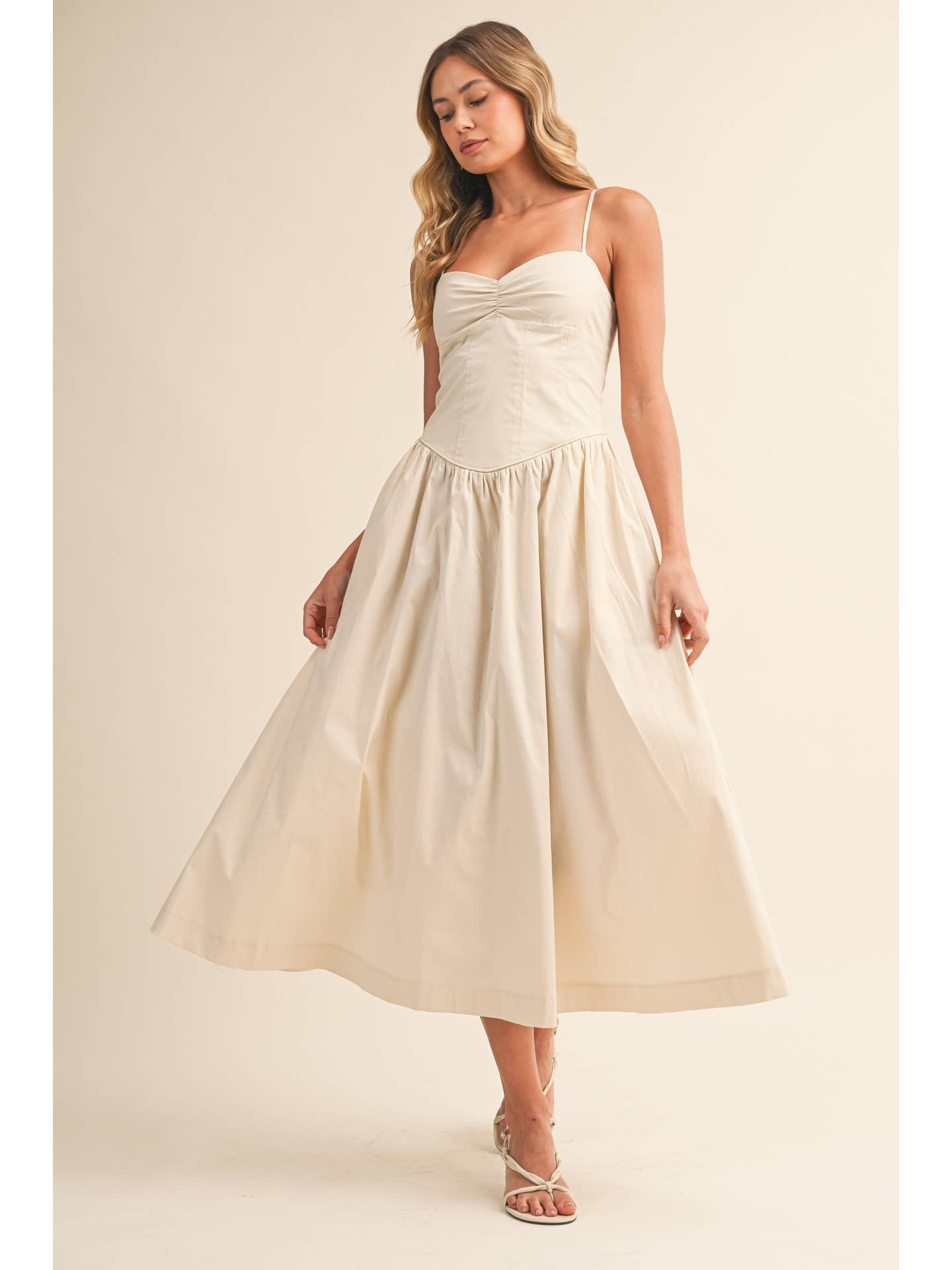 Poplin Beige Sweetheart Midi Dress