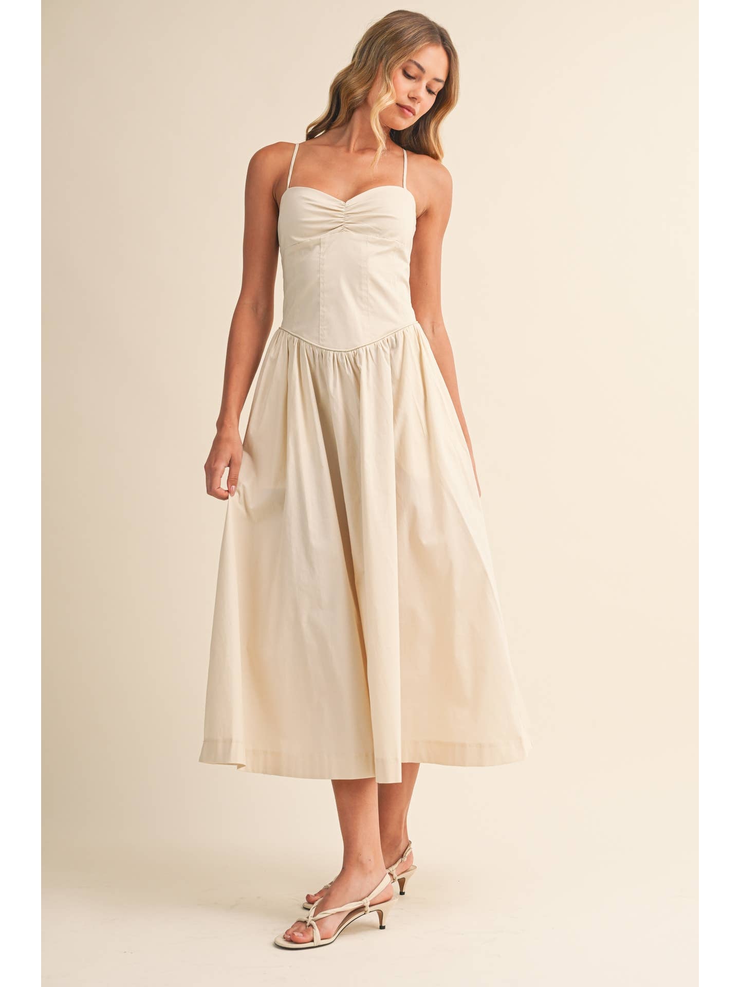 Poplin Beige Sweetheart Midi Dress