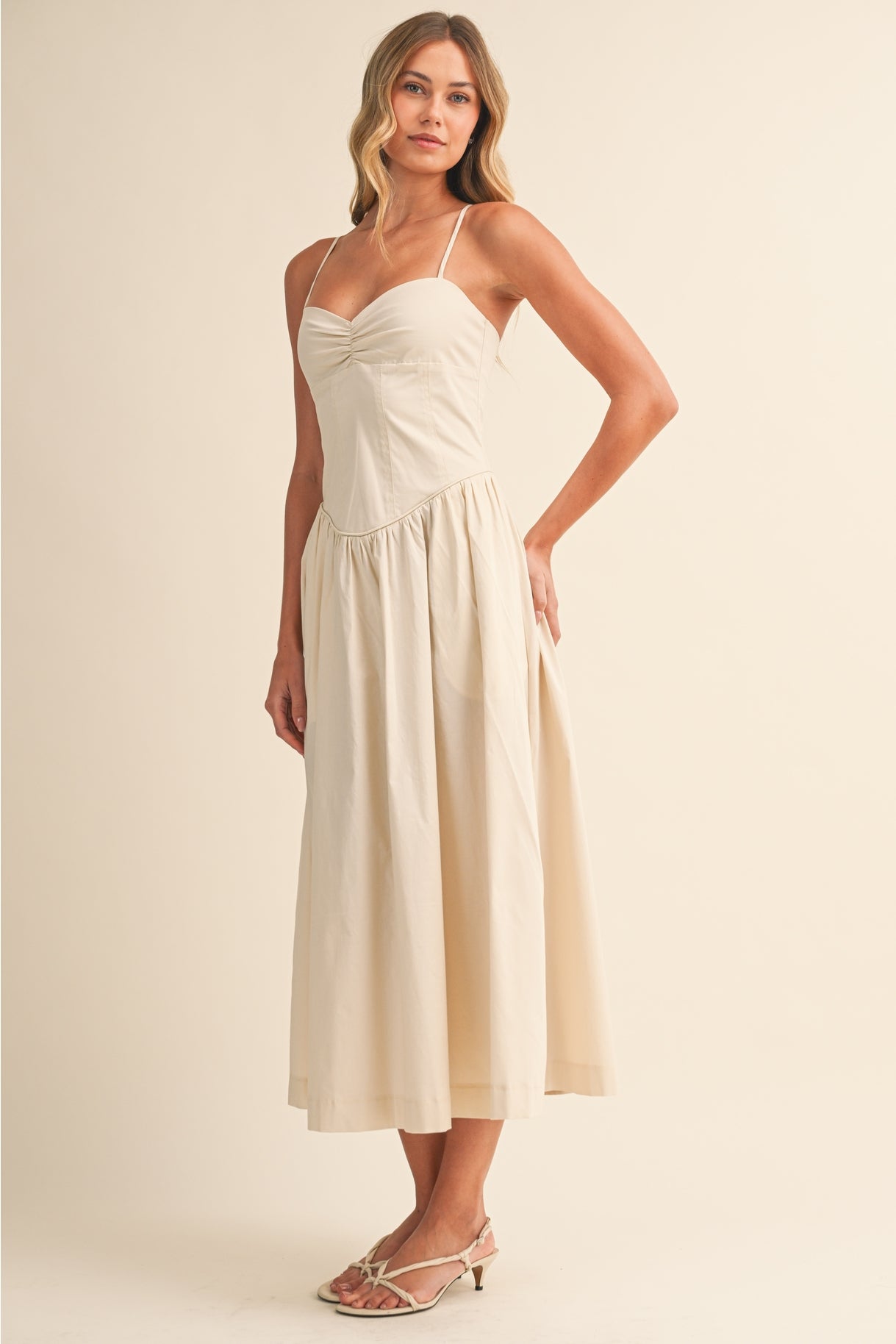 Poplin Beige Sweetheart Midi Dress