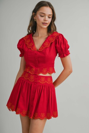 Scallop Embroider Collared Top & Skirt Set