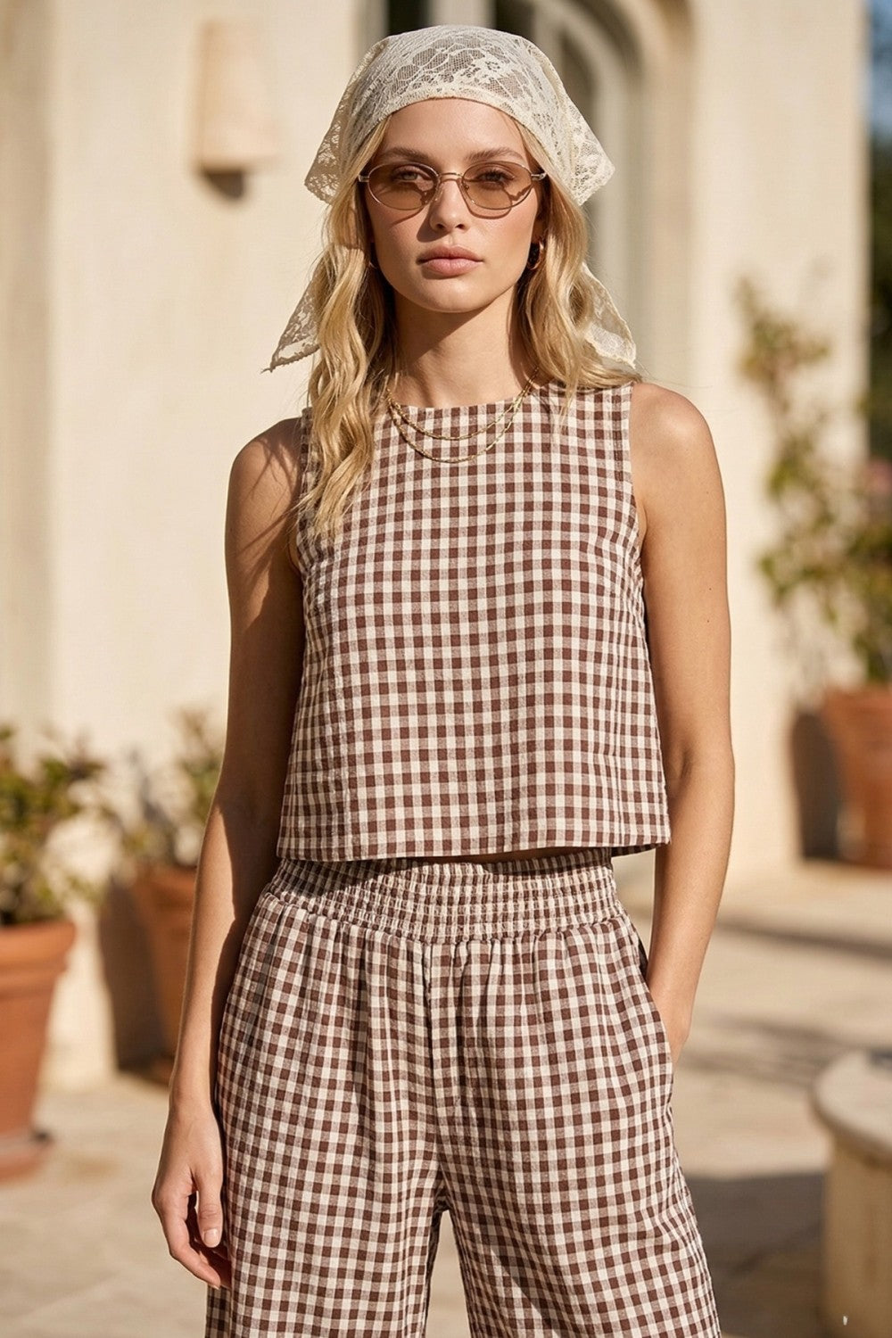 Brown Gingham Linen Pant & Top Set